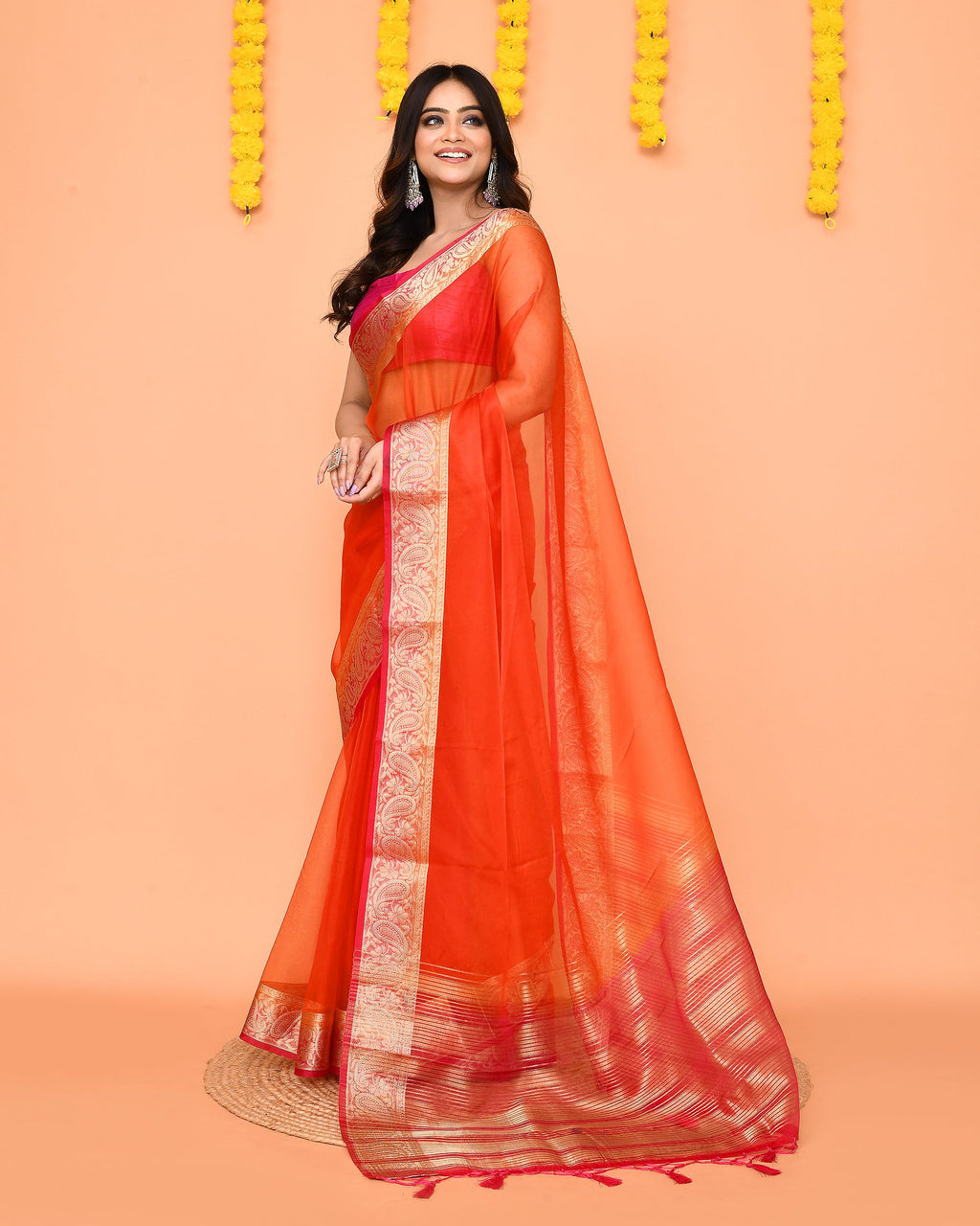 Orange Organza Silk Saree with Zari Border