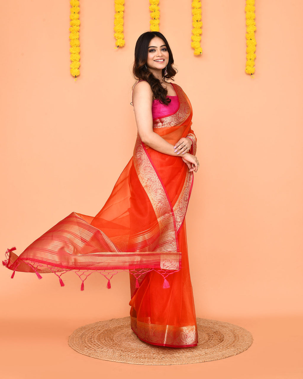 Orange Organza Silk Saree with Zari Border