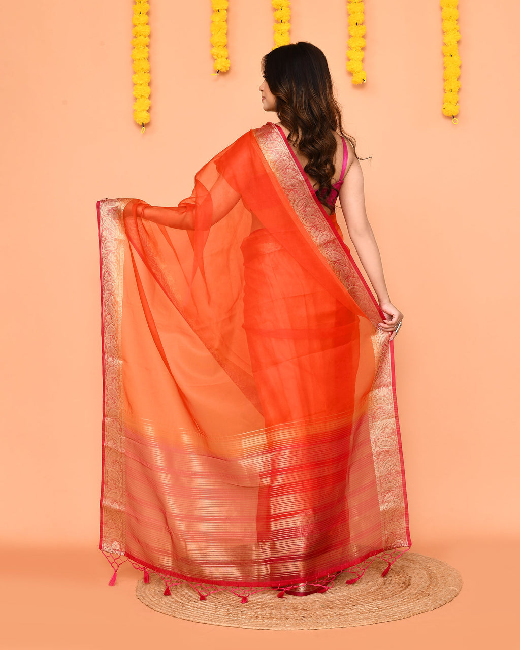 Orange Organza Silk Saree with Zari Border