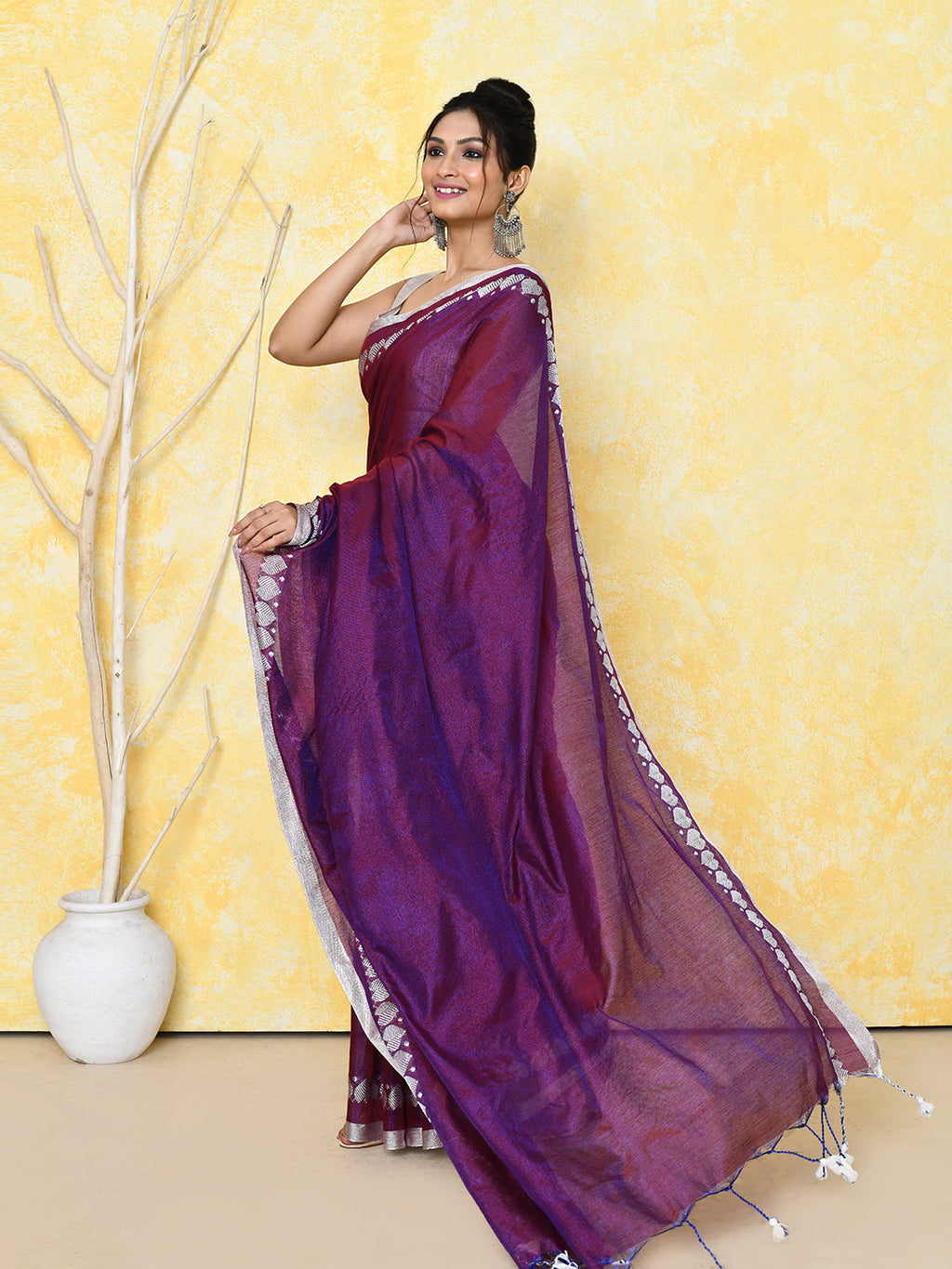 Piyari Fashion Women's Love Border Purple Tissue Saree With Blouse Piece