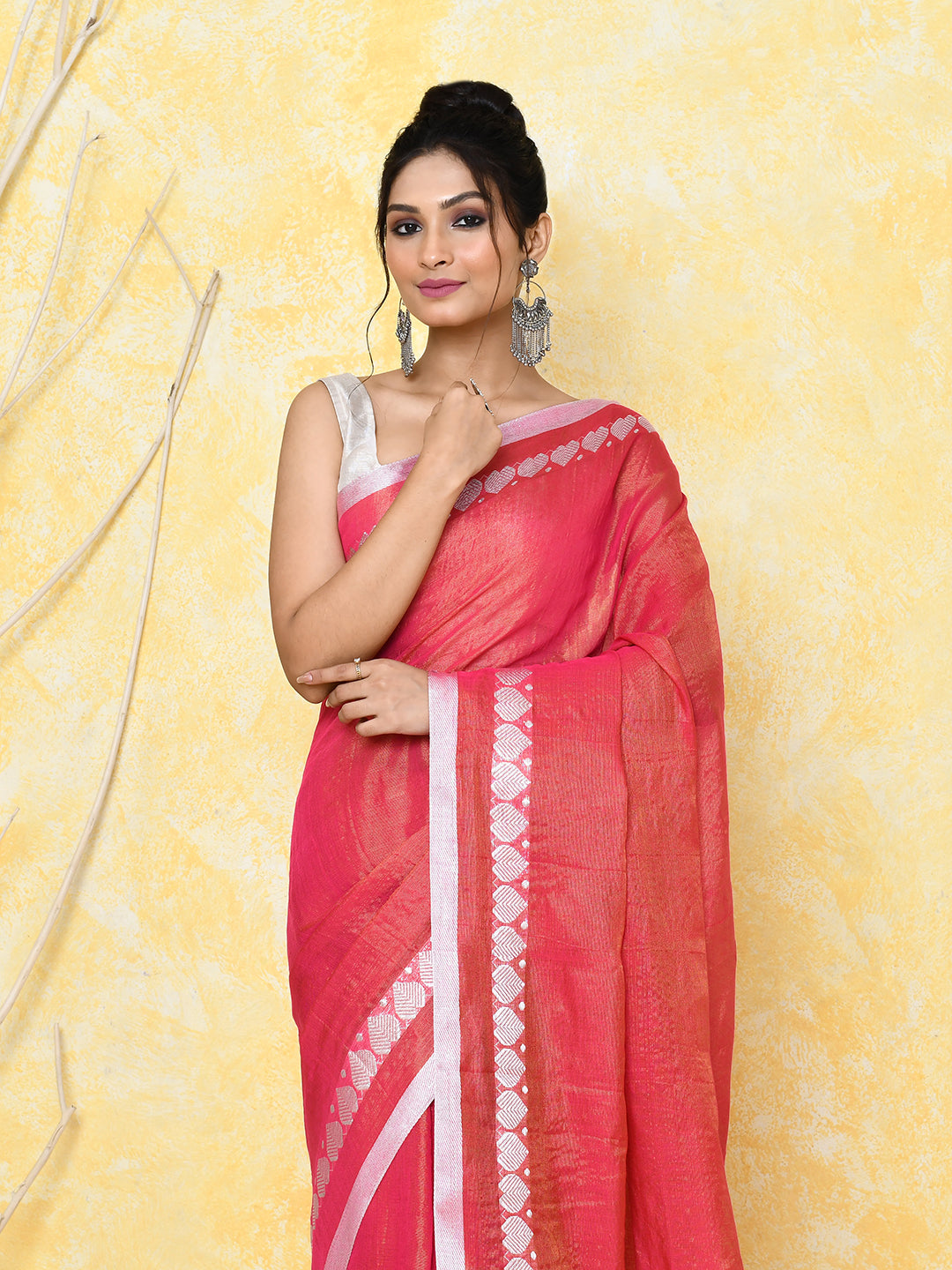 Tomato Red Tissue Saree with Love Border