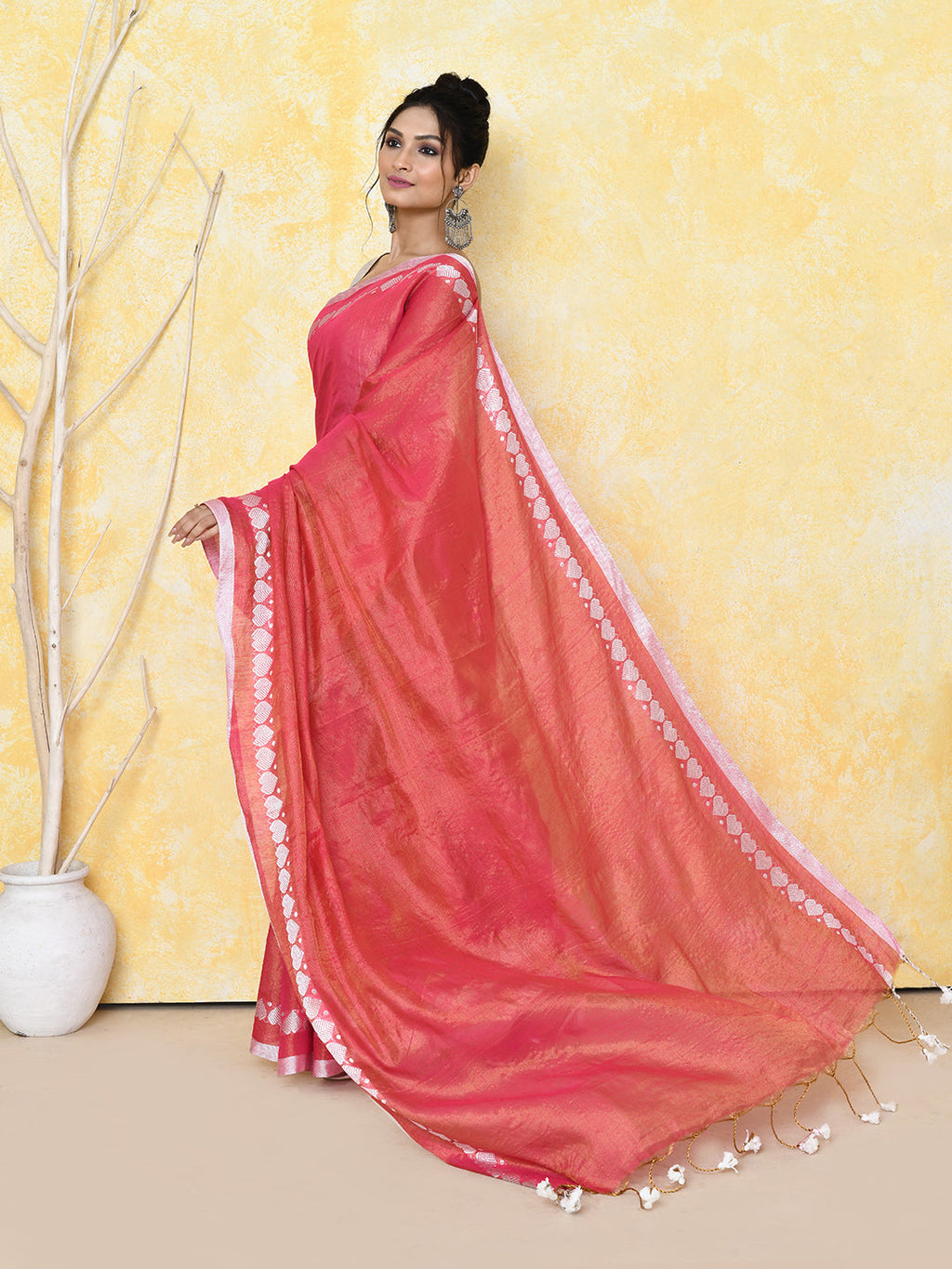 Tomato Red Tissue Saree with Love Border