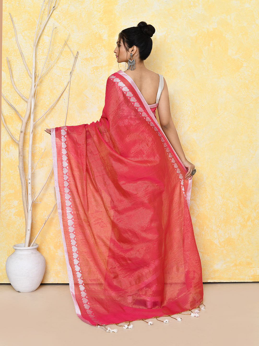 Tomato Red Tissue Saree with Love Border
