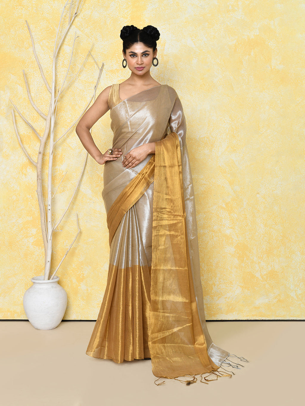 Piyari Fashion Women's Silver Gold Organic Tissue Saree With Blouse Piece