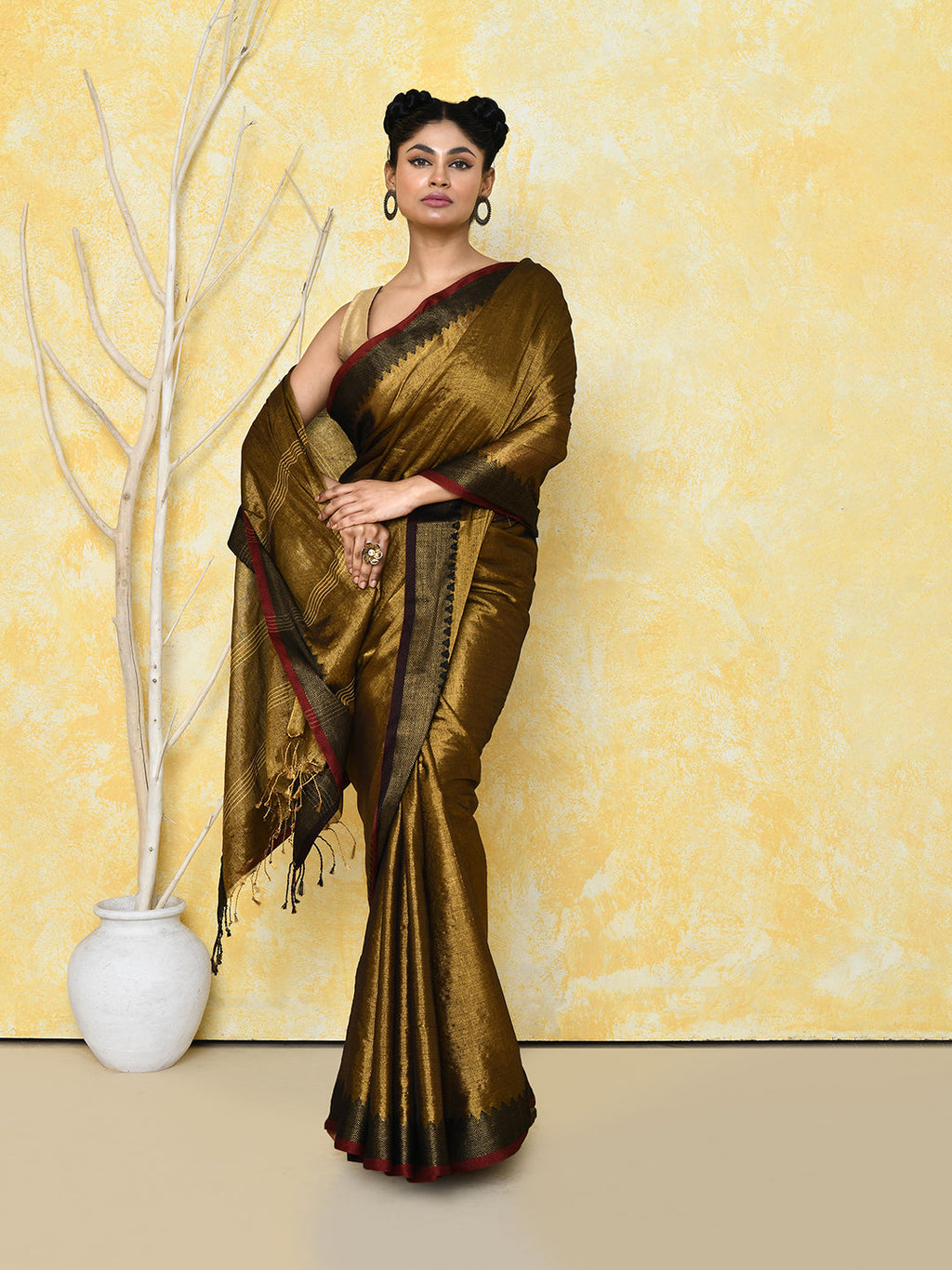 Gold Organic Tissue Saree with Matching Blouse Piece
