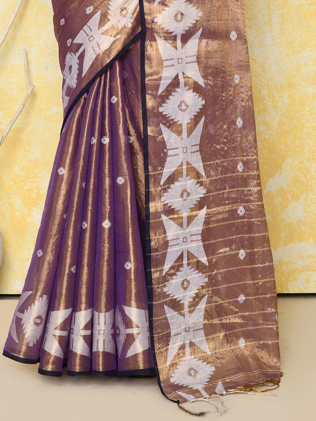 Gold Blue Dual Tone Organic Tissue Jamdani Saree with Blouse