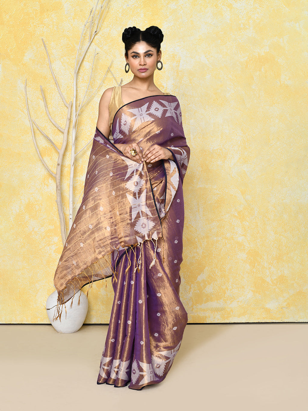 Gold Blue Dual Tone Organic Tissue Jamdani Saree with Blouse