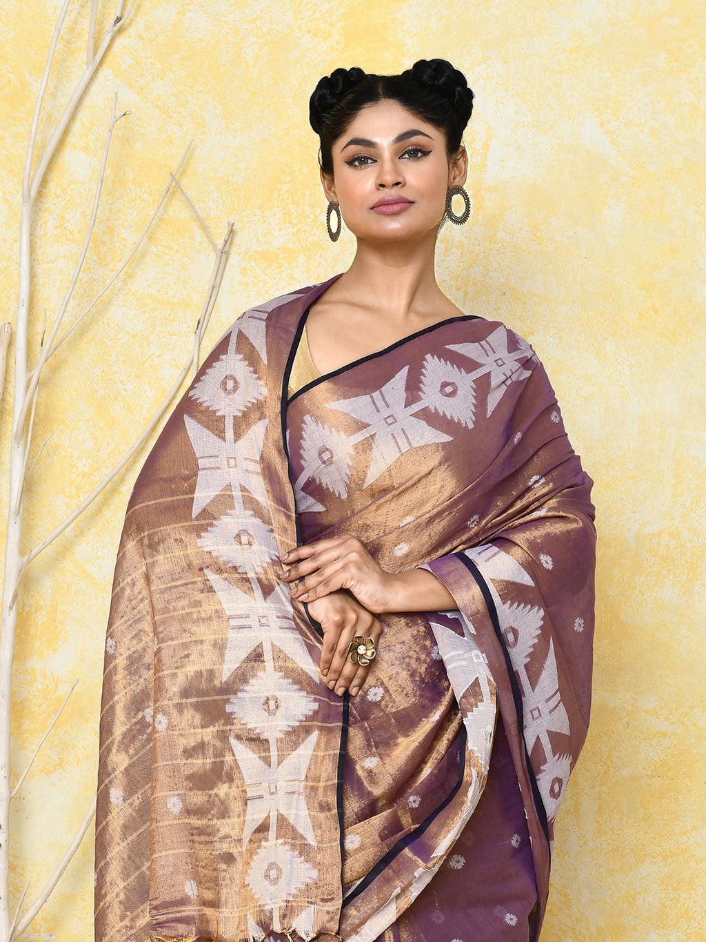 Gold Blue Dual Tone Organic Tissue Jamdani Saree with Blouse