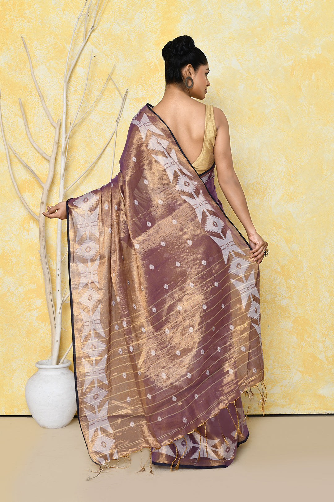 Gold Blue Dual Tone Organic Tissue Jamdani Saree with Blouse