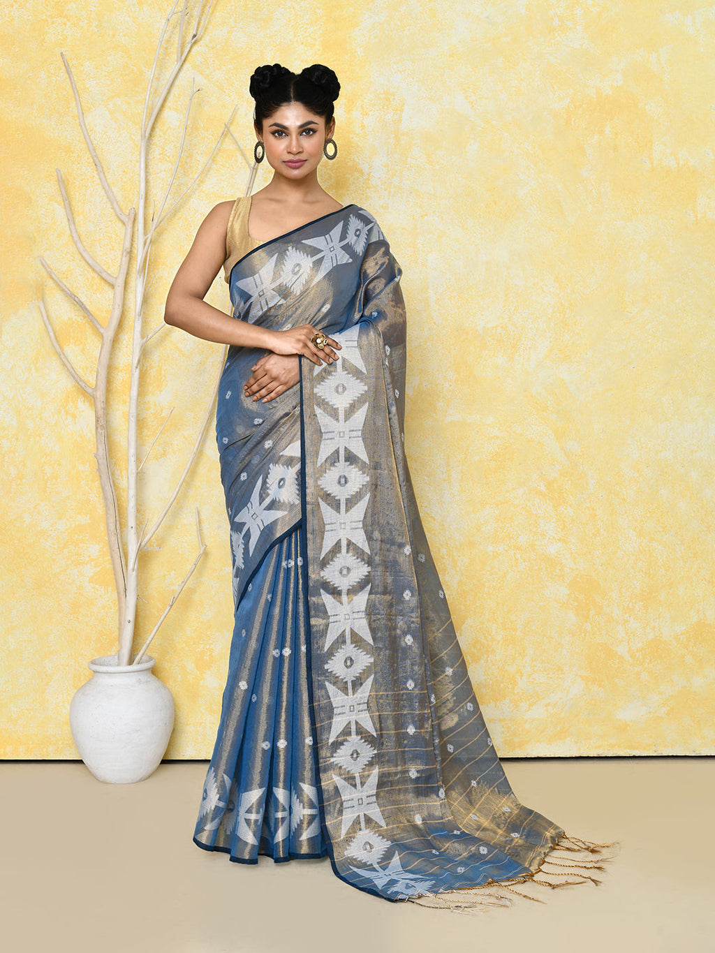 Gold and turquoise dual-tone organic tissue Jamdani saree with matching blouse piece