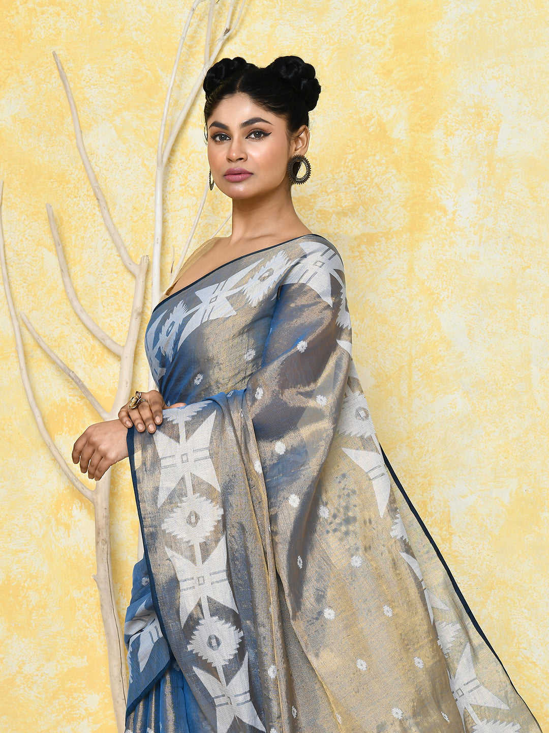Gold & Turquoise Dual Tone Organic Tissue Jamdani Saree