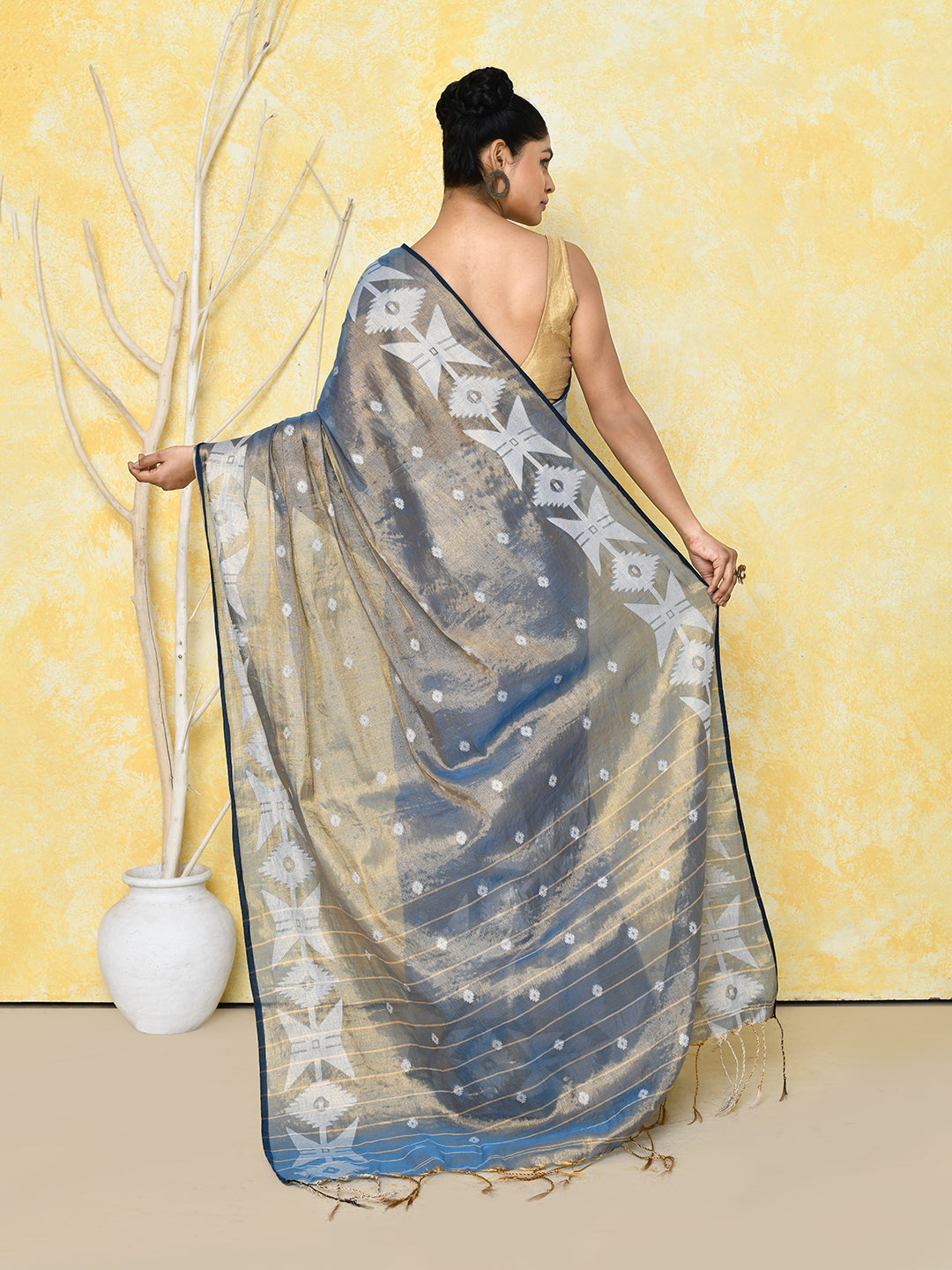 Gold & Turquoise Dual Tone Organic Tissue Jamdani Saree