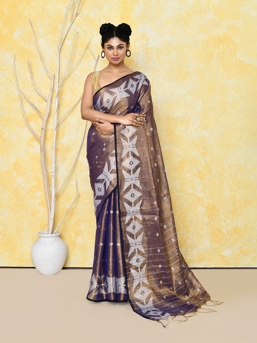Stunning dual tone gold and blue organic tissue Jamdani saree with matching blouse piece.