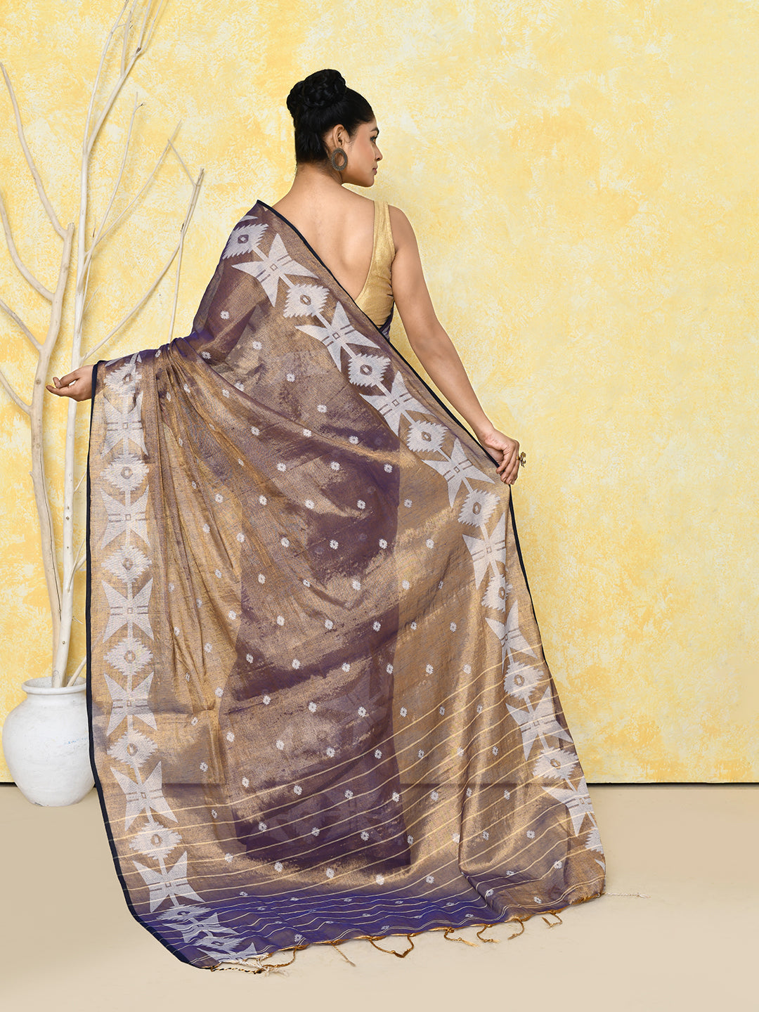 Gold Blue Dual Tone Organic Tissue Jamdani Saree