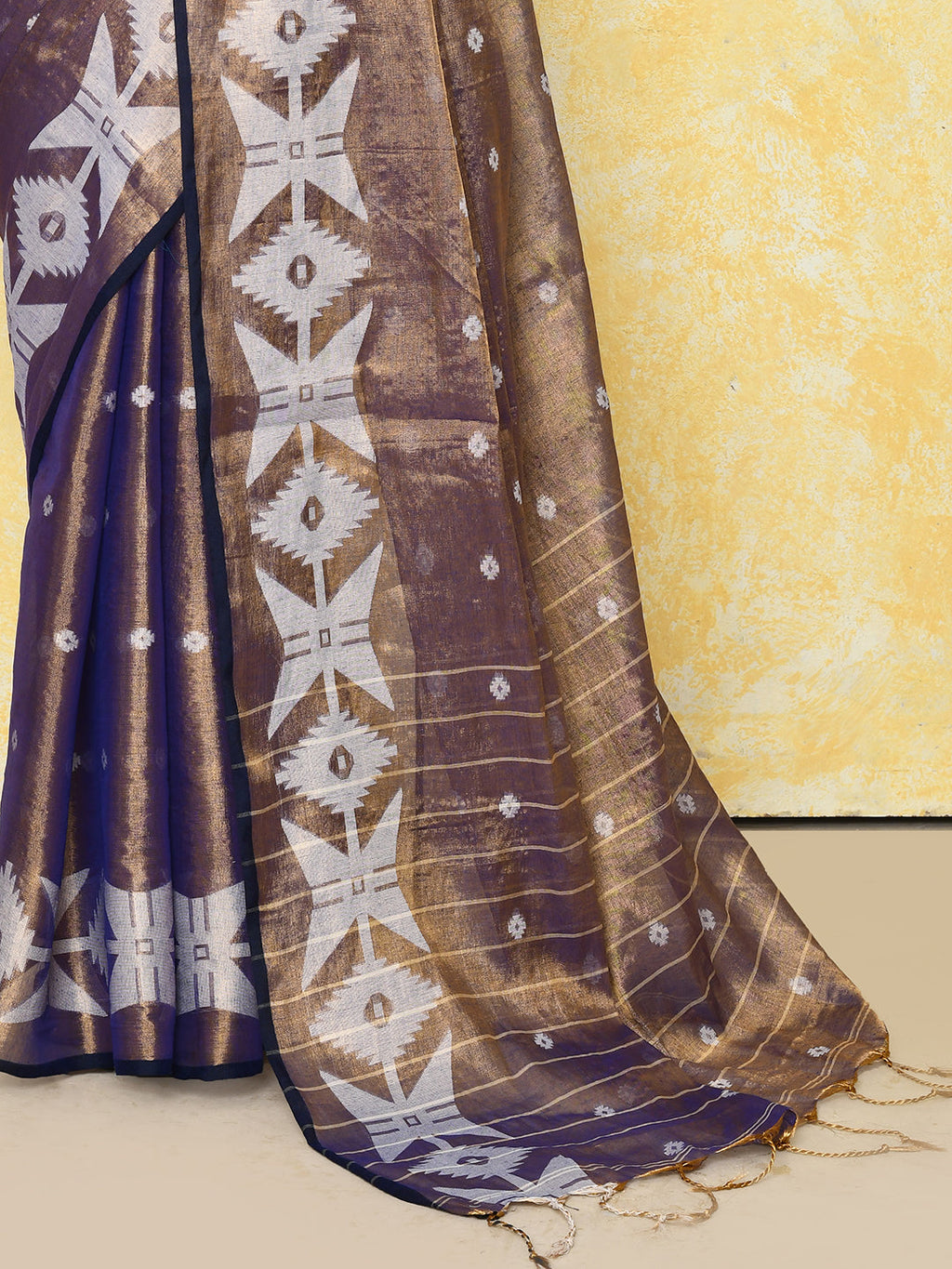 Gold Blue Dual Tone Organic Tissue Jamdani Saree