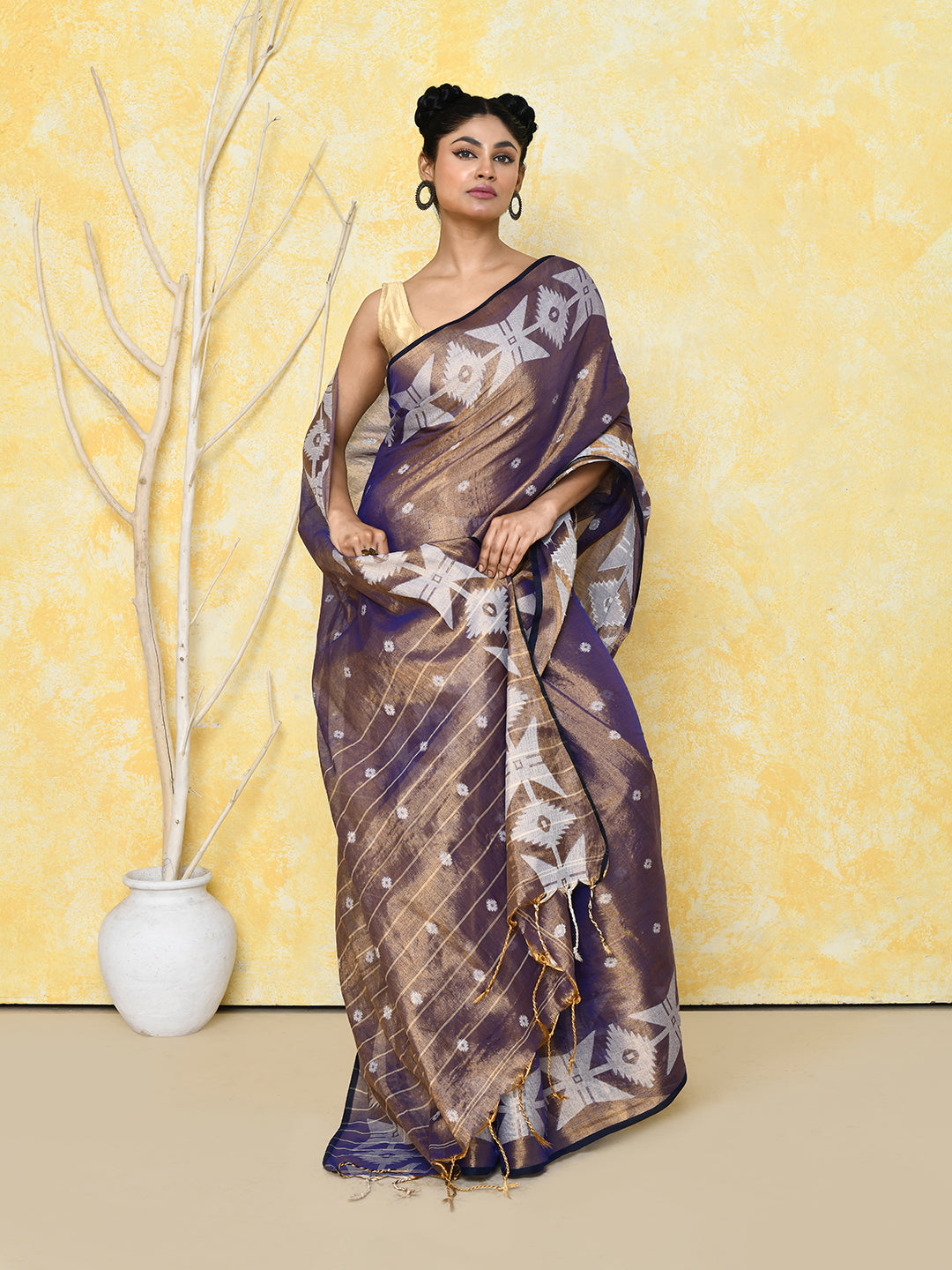 Gold Blue Dual Tone Organic Tissue Jamdani Saree
