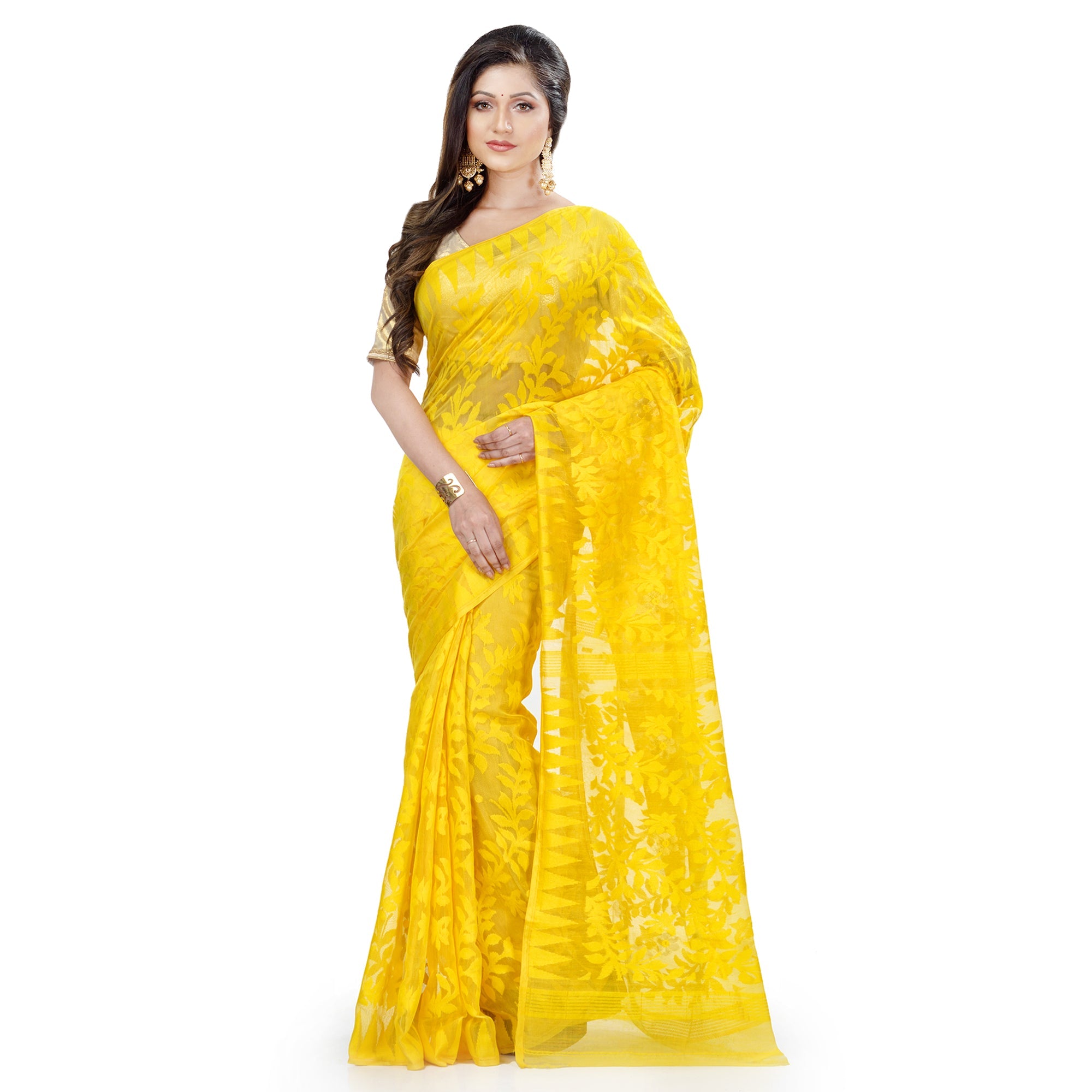 Vibrant yellow Jamdani handloom saree in soft cotton blend