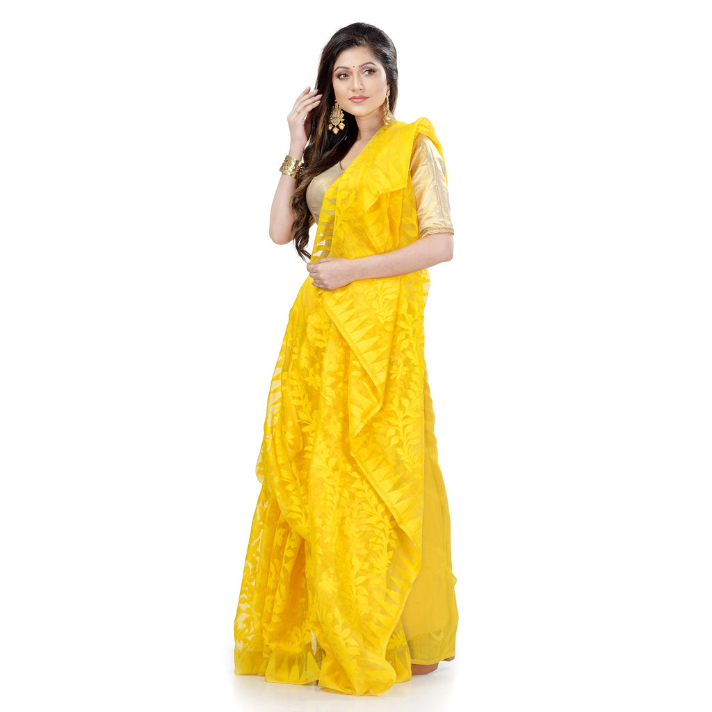 Yellow Cotton Blend Handloom Jamdani Saree