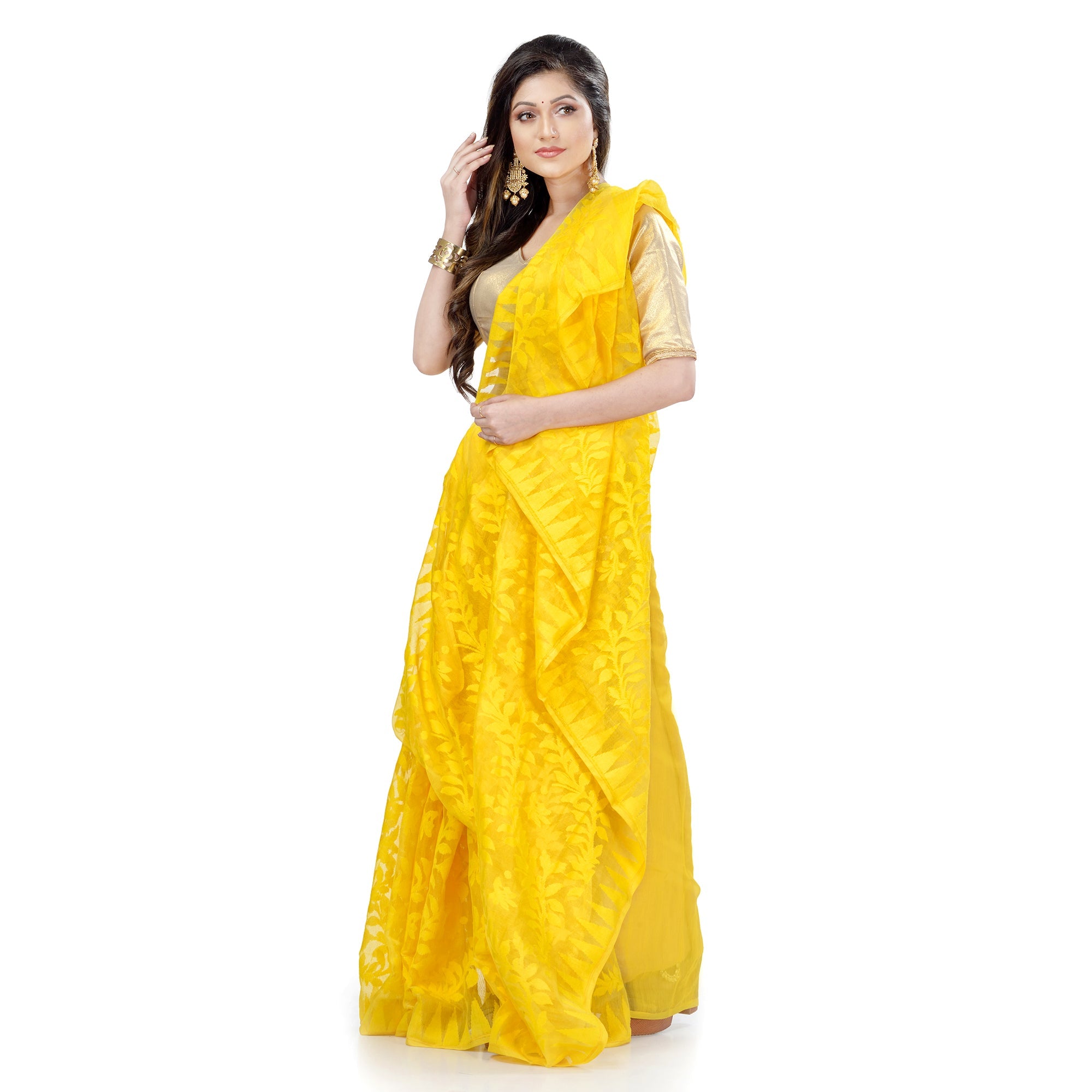 Yellow Cotton Blend Handloom Jamdani Saree