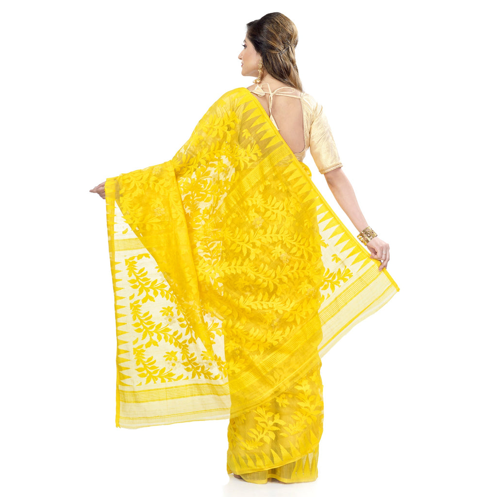 Yellow Cotton Blend Handloom Jamdani Saree