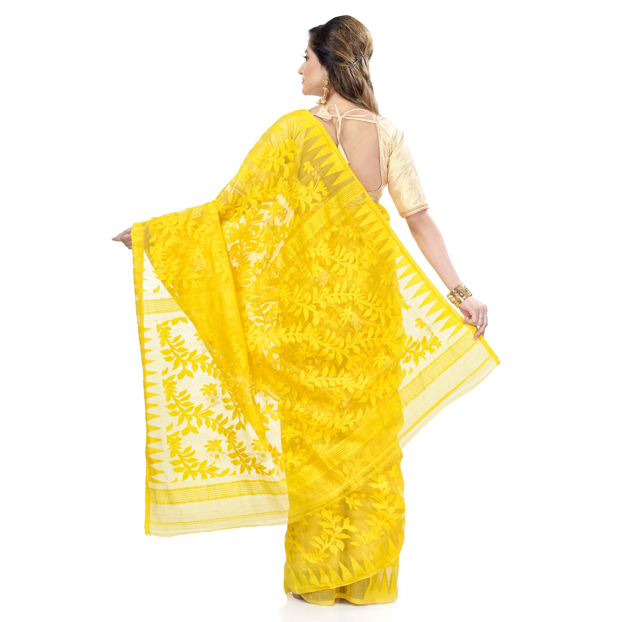 Yellow Cotton Blend Handloom Jamdani Saree