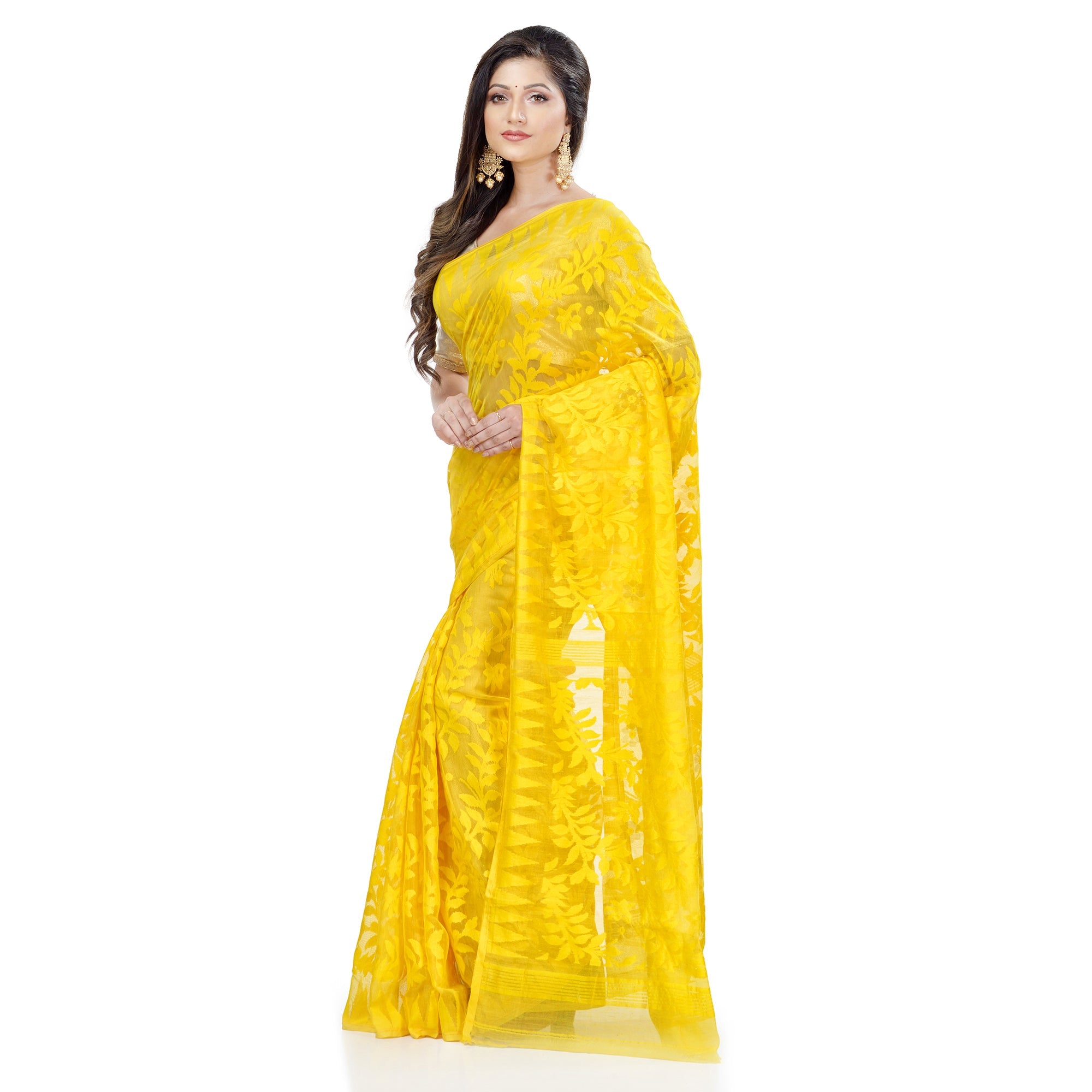 Yellow Cotton Blend Handloom Jamdani Saree