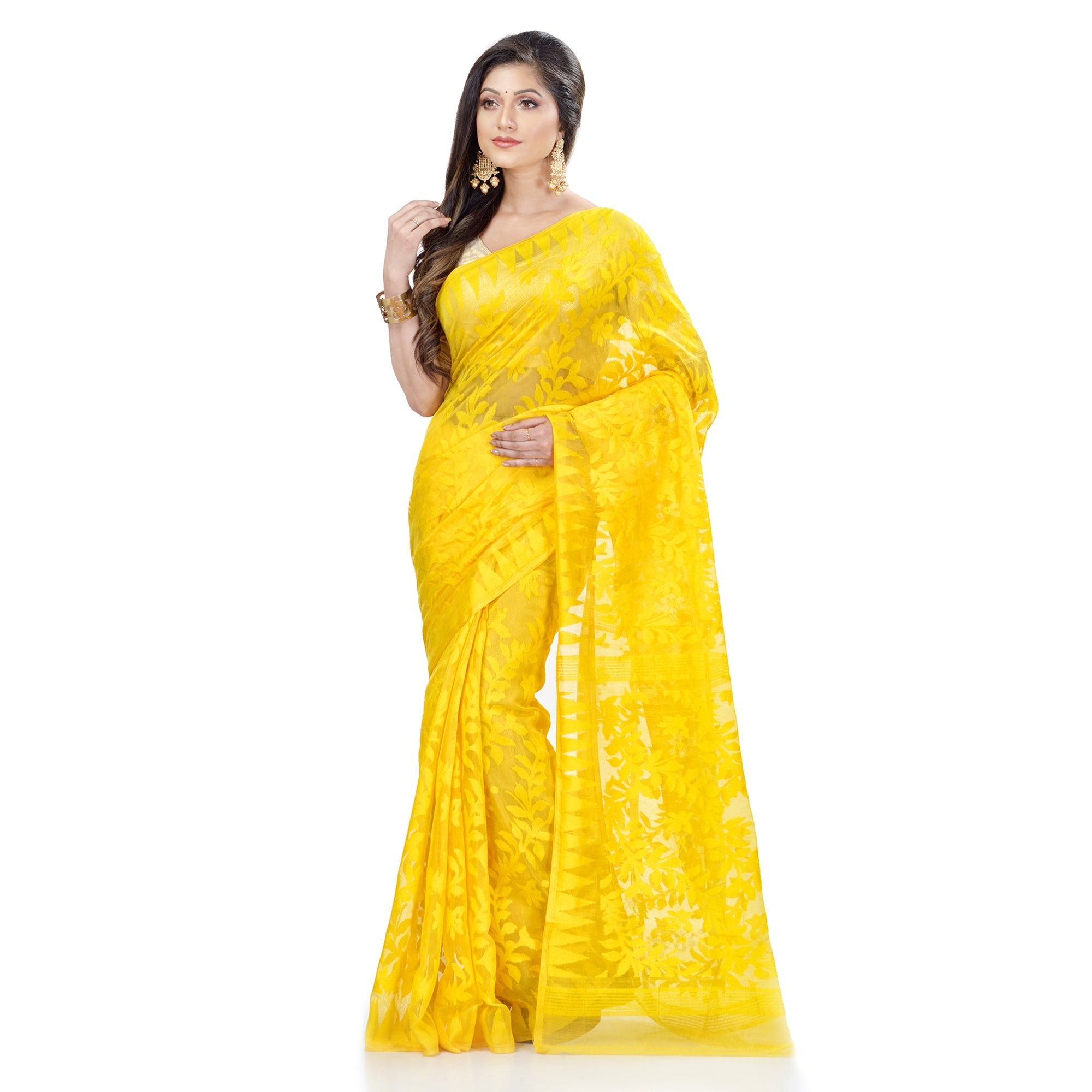Yellow Cotton Blend Handloom Jamdani Saree