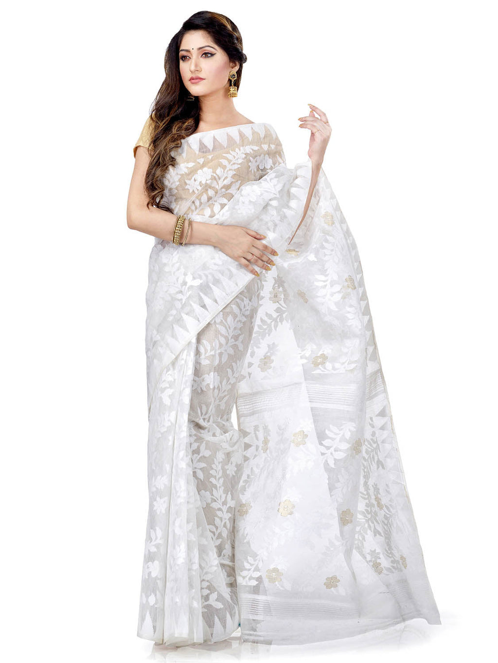 White Jamdani Handloom Cotton Blend Saree for Traditional Wear