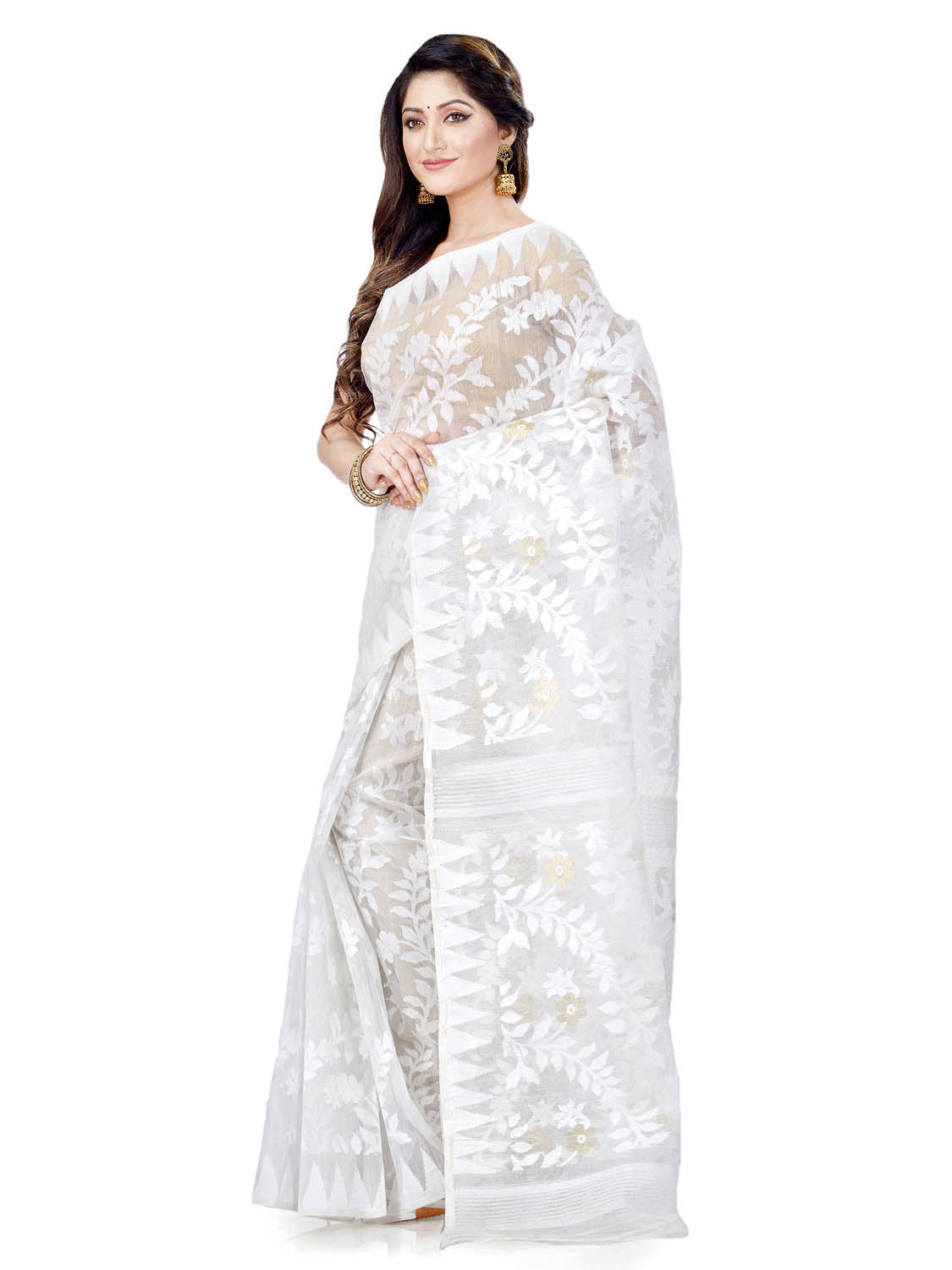 White Jamdani Handloom Cotton Blend Saree for Traditional Wear