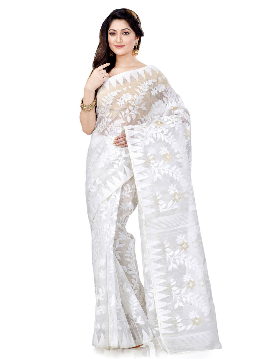 White Jamdani Handloom Cotton Blend Saree for Traditional Wear