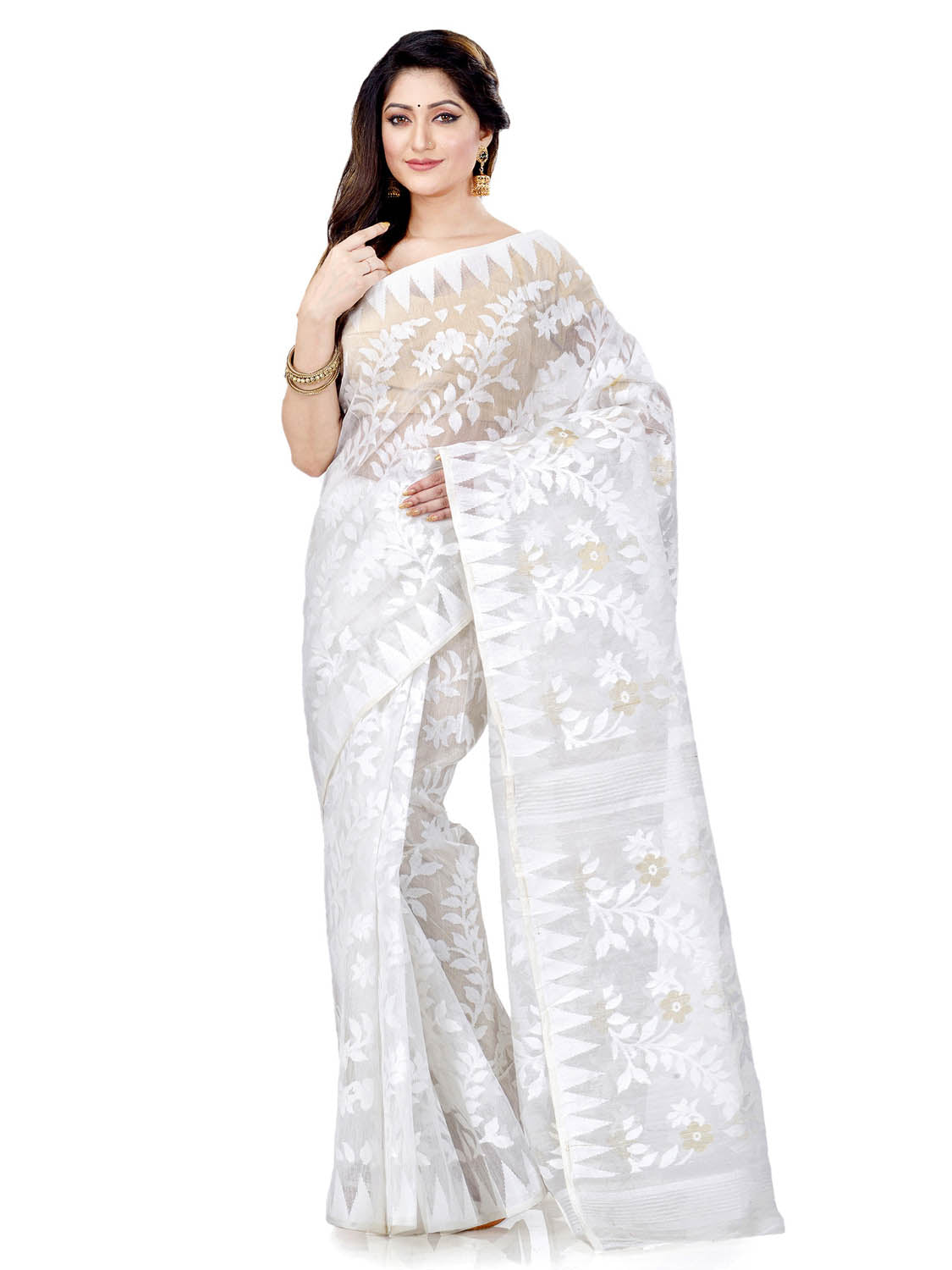 White Jamdani Handloom Cotton Blend Saree for Traditional Wear