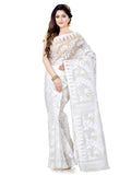 White handloom cotton blend Jamdani saree with intricate traditional weave patterns