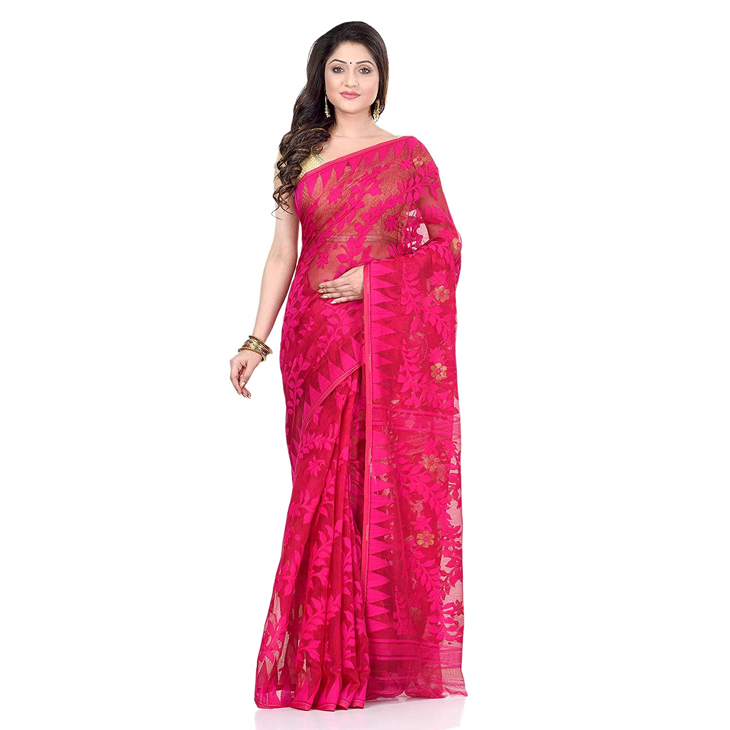 Pink handloom Jamdani saree made from a breathable cotton blend