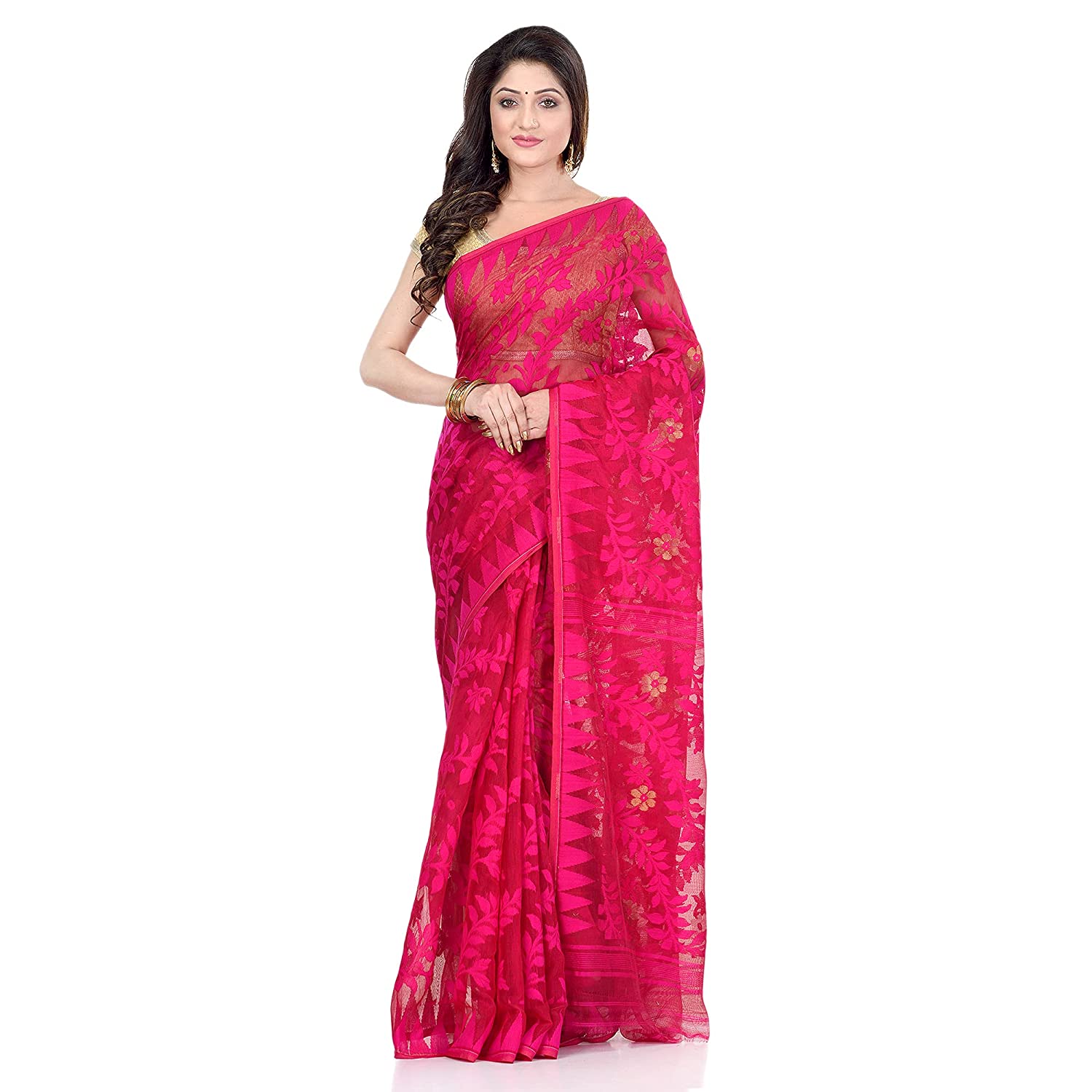 Cotton Blend Handloom Pink Jamdani Saree