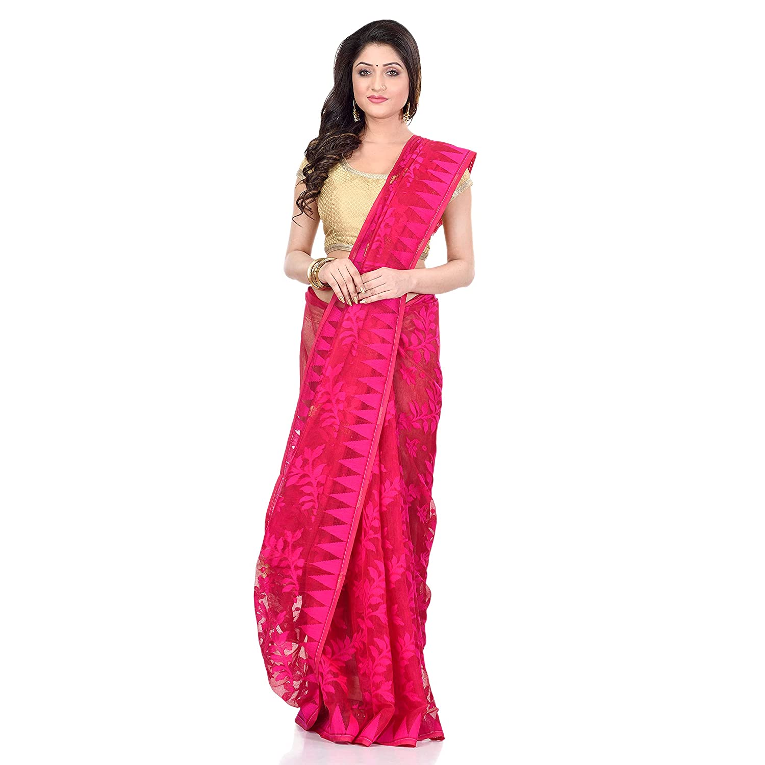 Cotton Blend Handloom Pink Jamdani Saree