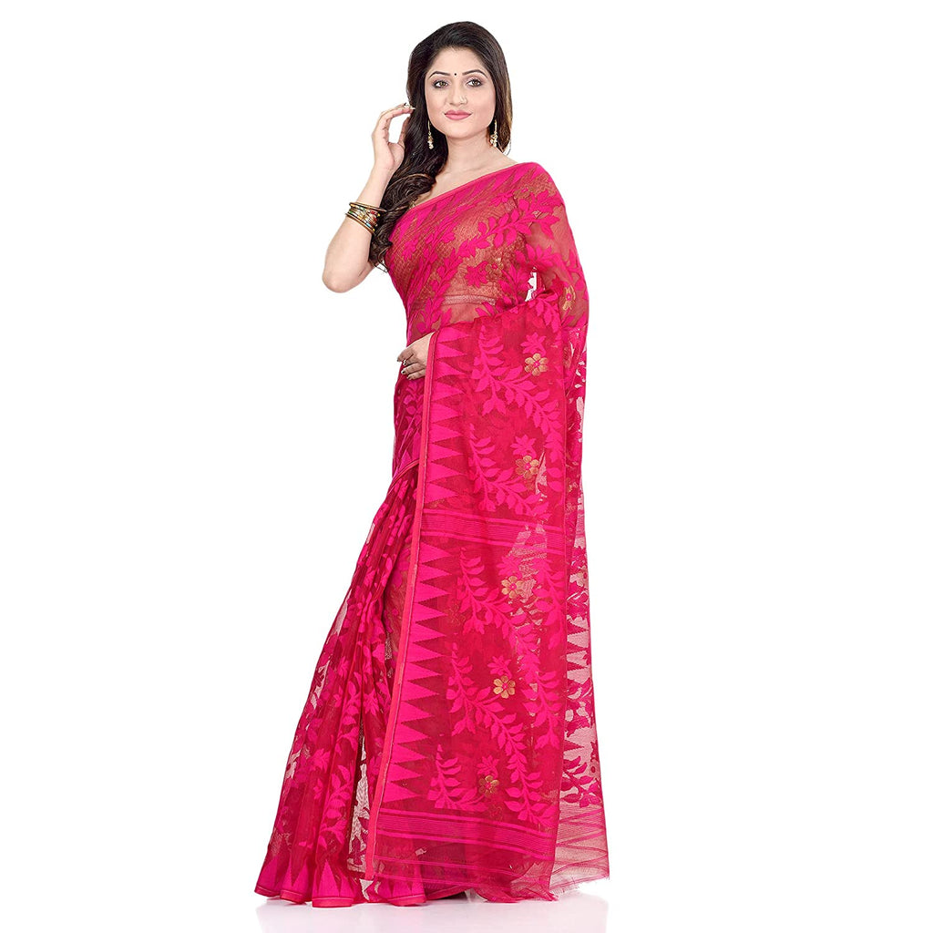 Cotton Blend Handloom Pink Jamdani Saree