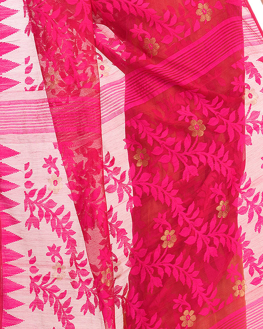 Piyari Fashion Cotton Blend Handloom Yellow Pink Jamdani Saree