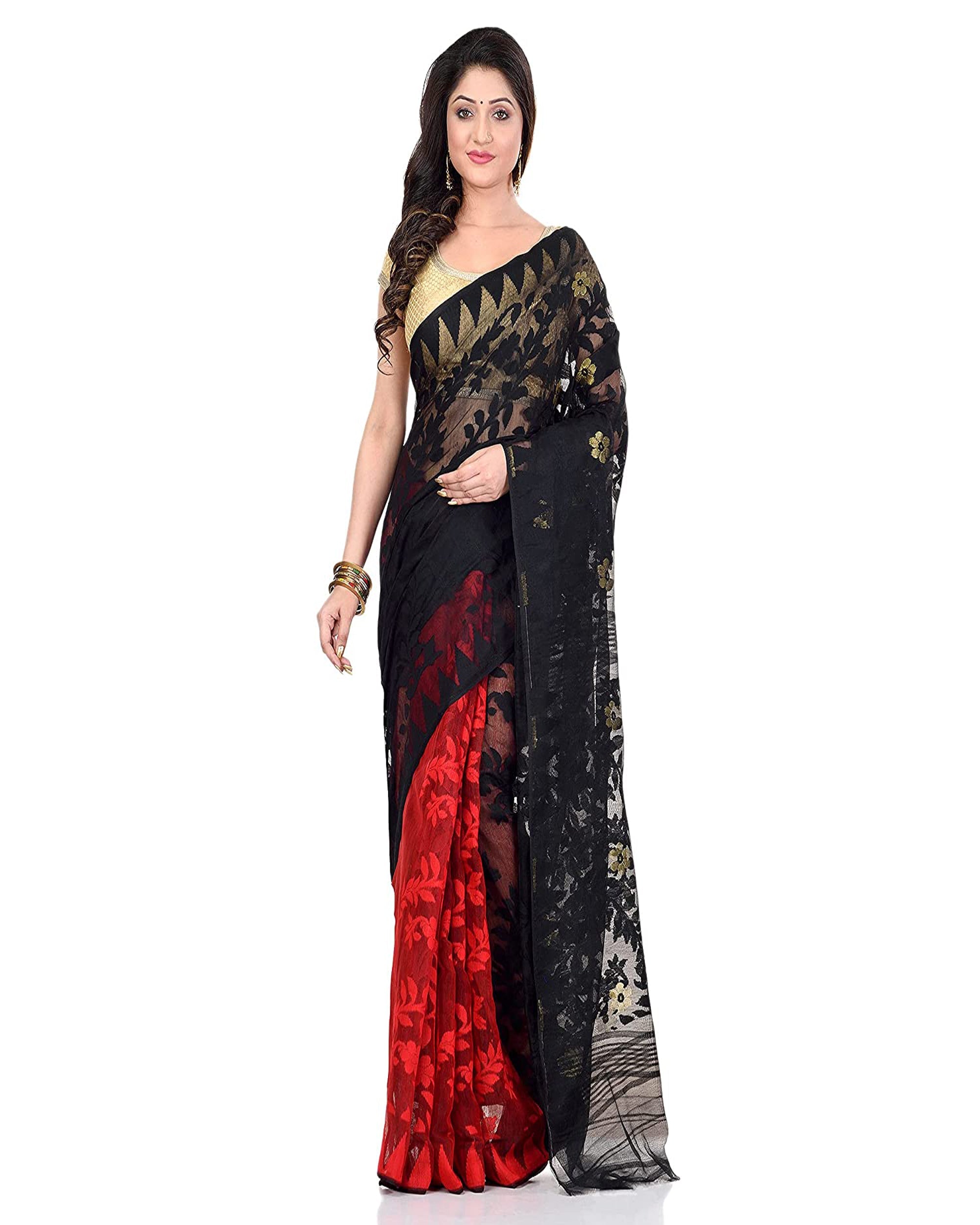 Black and Red Jamdani Handloom Cotton Blend Saree