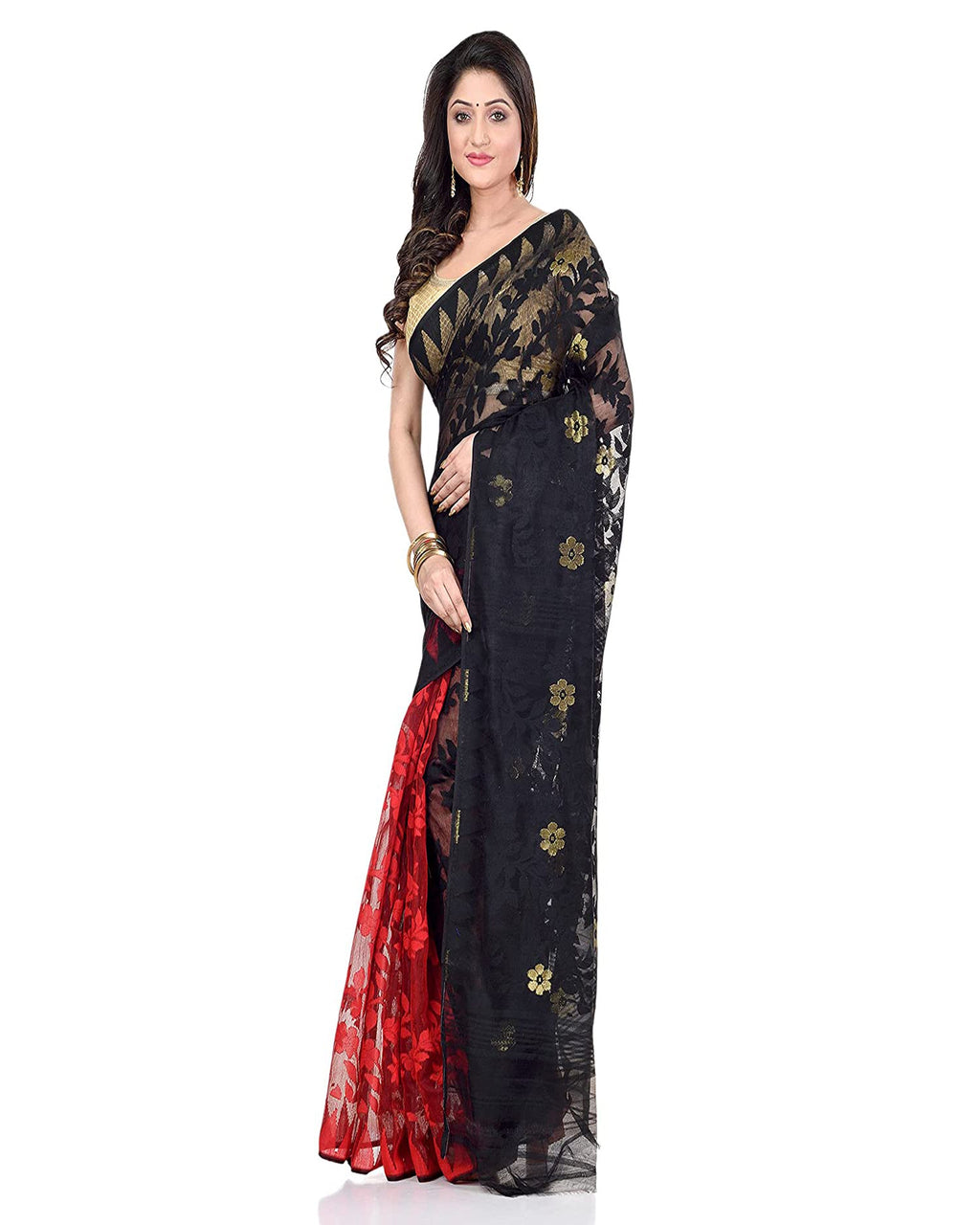 Black and Red Jamdani Handloom Cotton Blend Saree