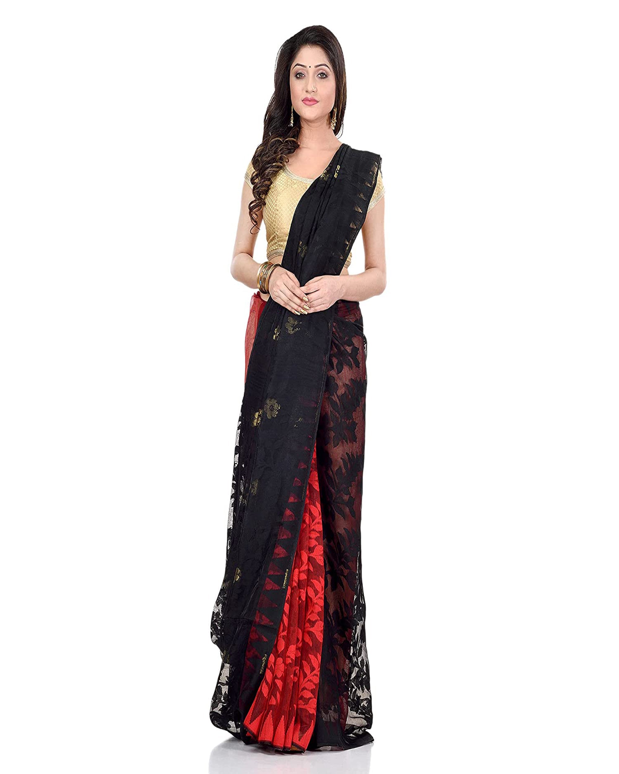 Black and Red Jamdani Handloom Cotton Blend Saree