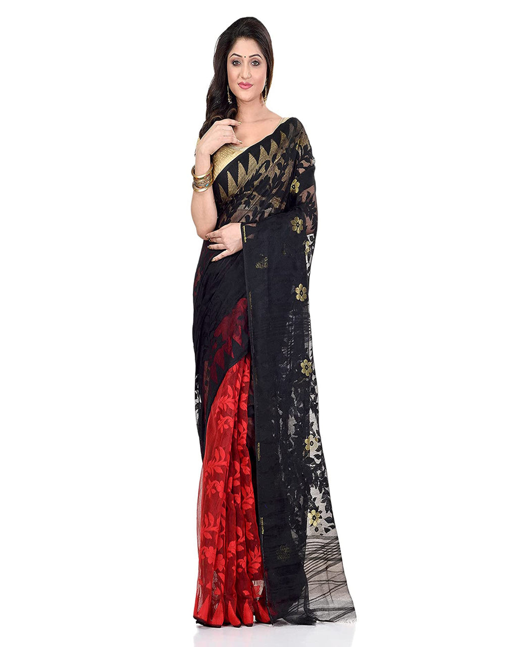 Black and red Jamdani handloom cotton blend saree with traditional weave