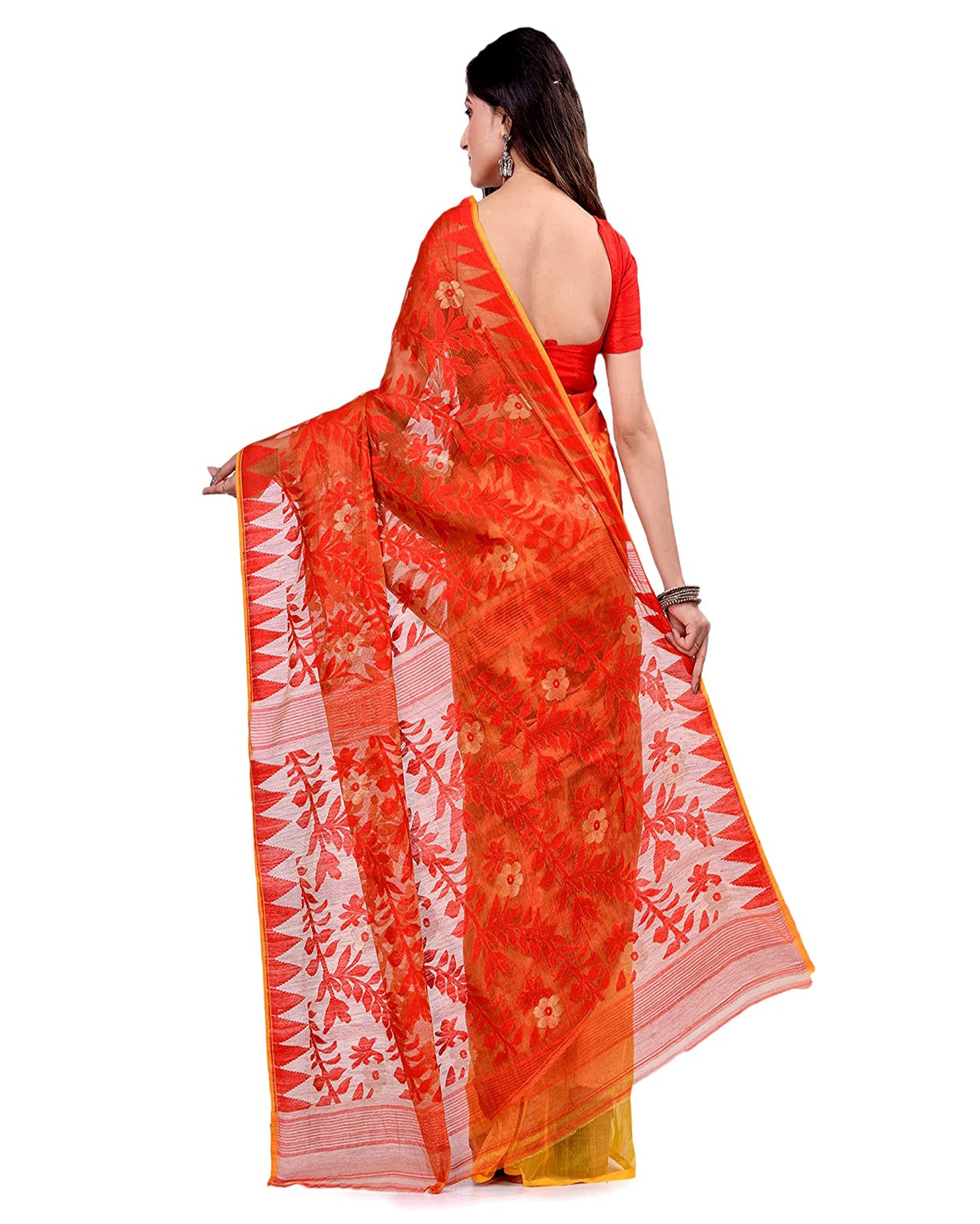 Yellow and Orange Cotton Blend Handloom Jamdani Saree