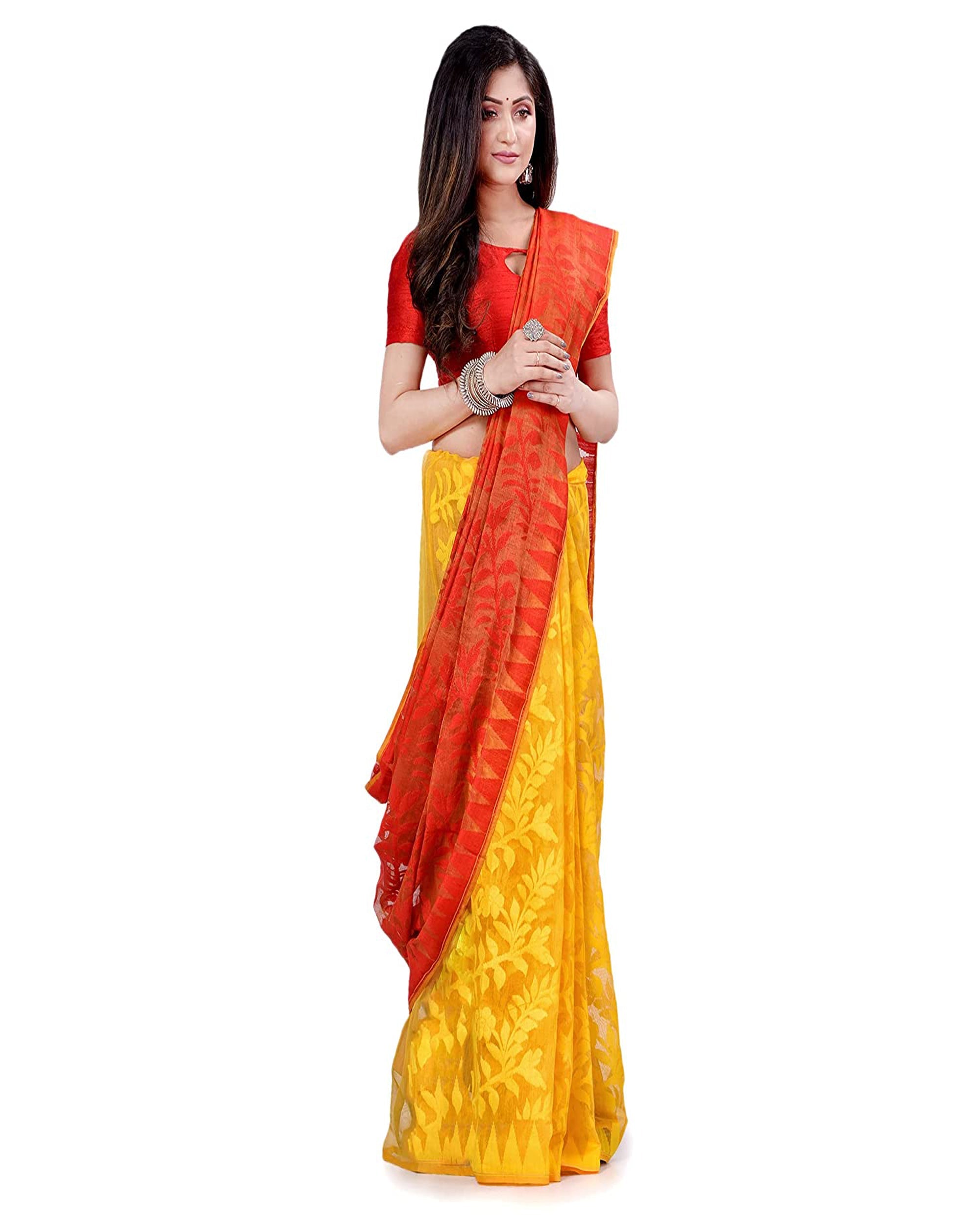 Yellow and Orange Cotton Blend Handloom Jamdani Saree