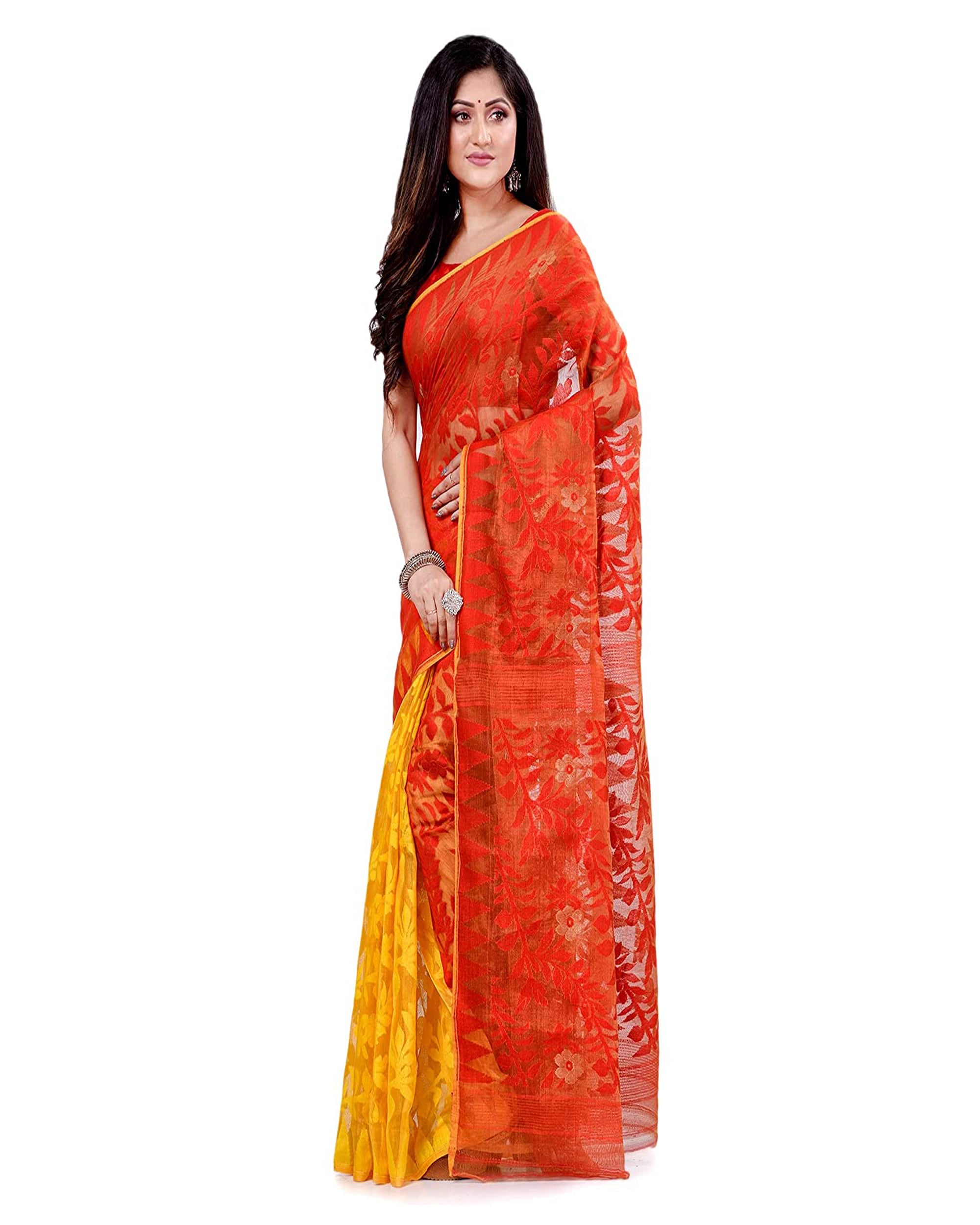 Yellow and Orange Cotton Blend Handloom Jamdani Saree