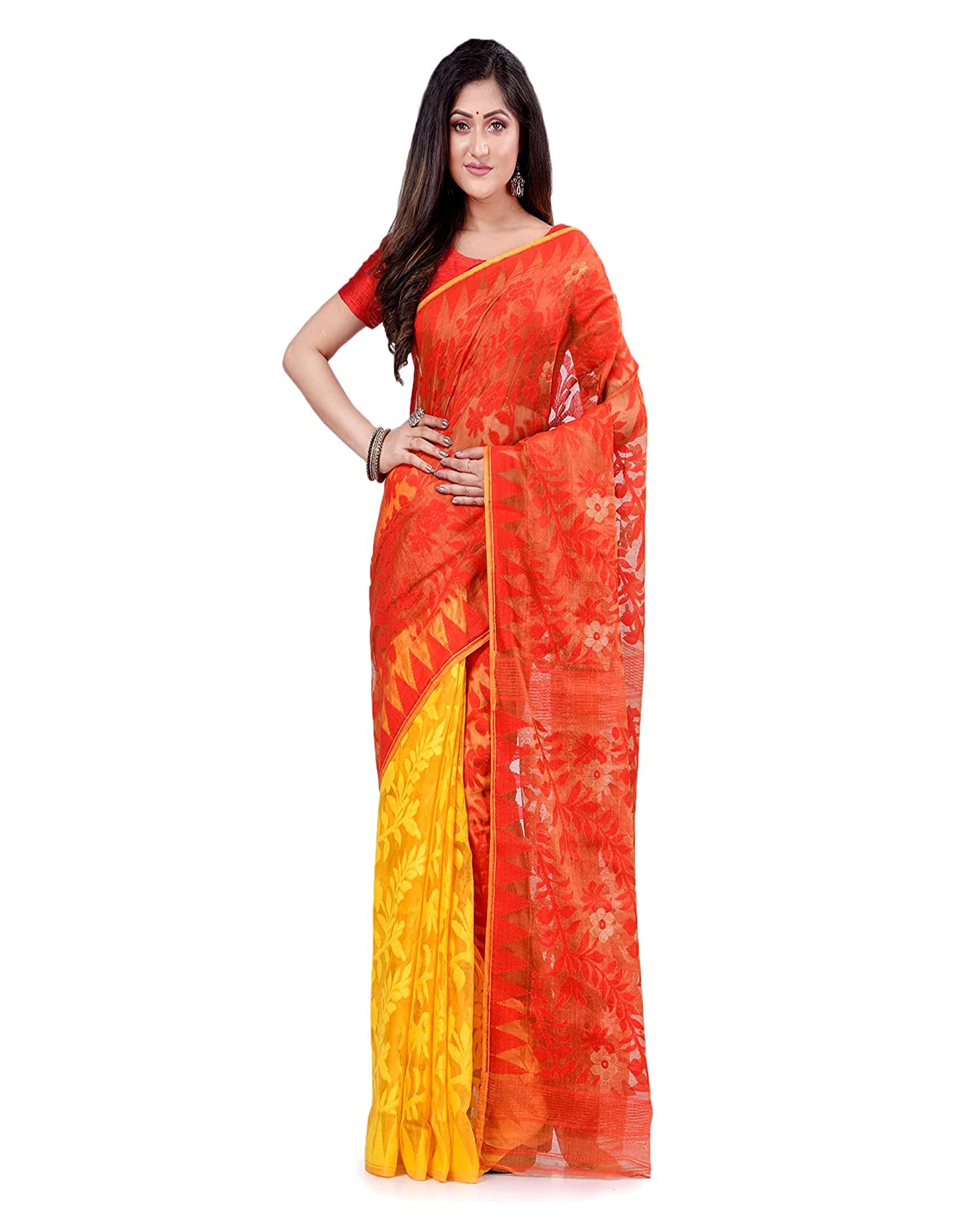 Yellow and Orange Cotton Blend Handloom Jamdani Saree