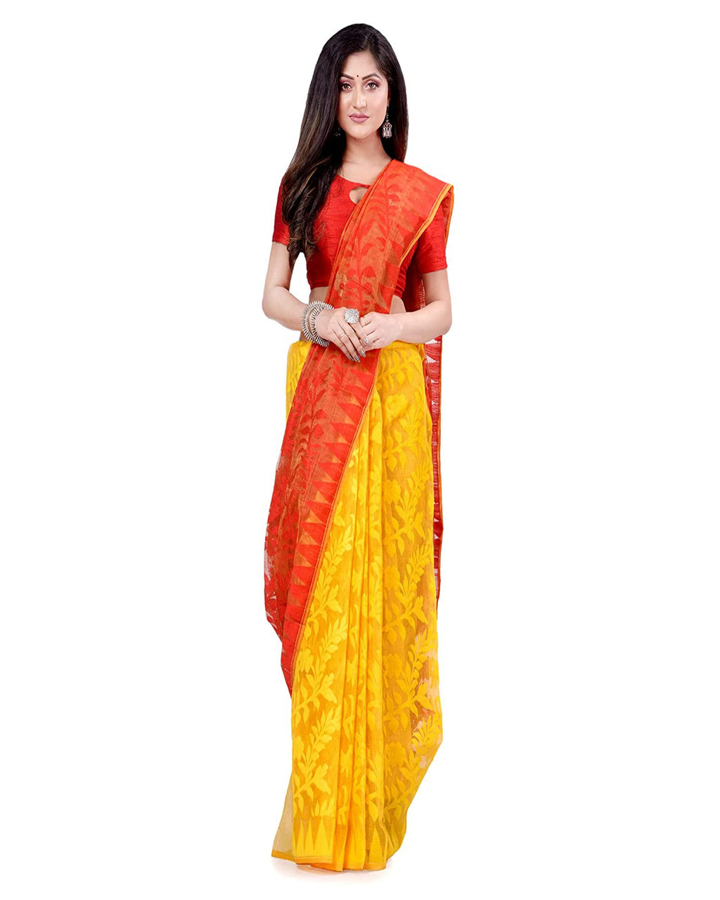 Yellow and Orange Cotton Blend Handloom Jamdani Saree