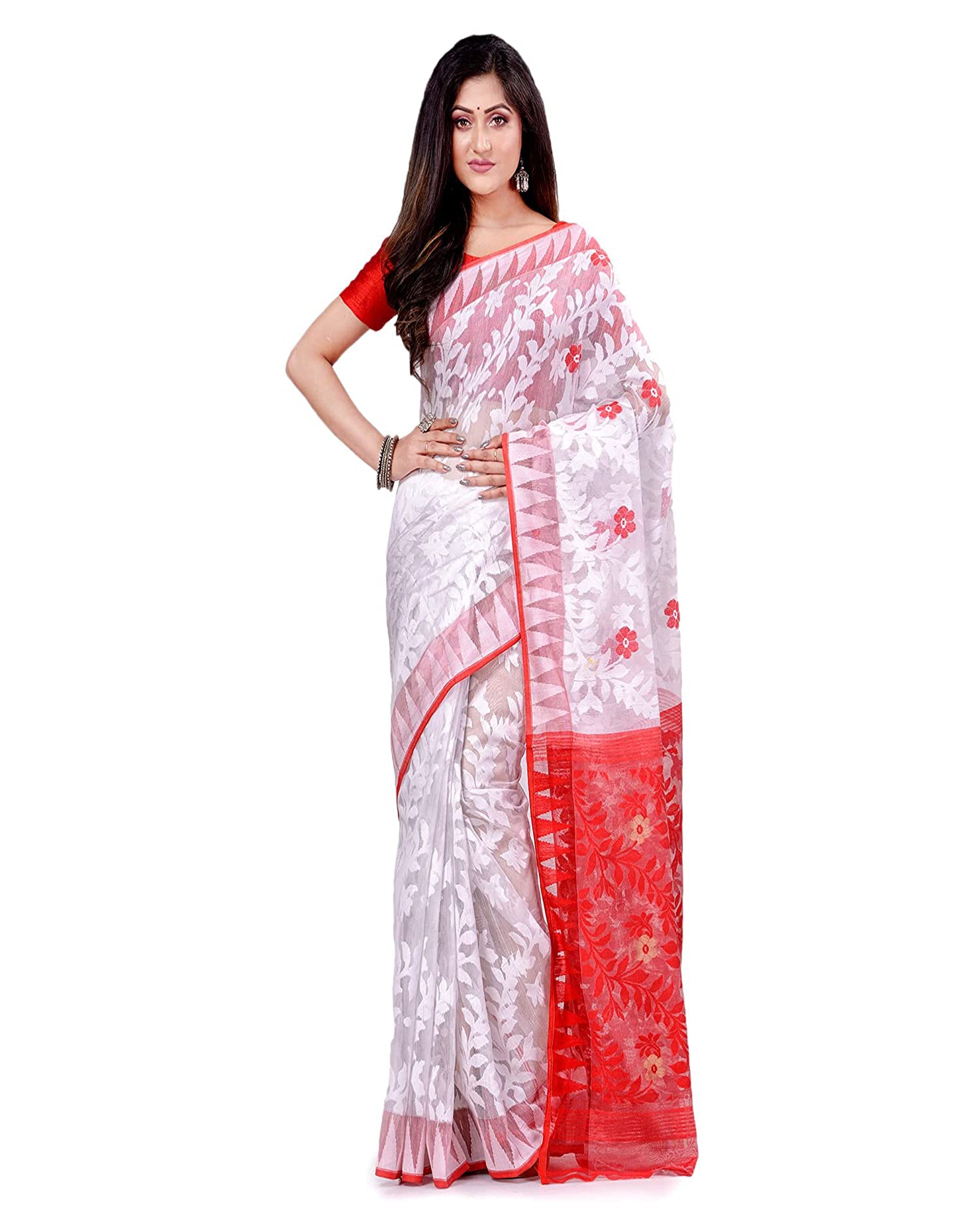 White Jamdani Handloom Cotton Blend Saree for Women