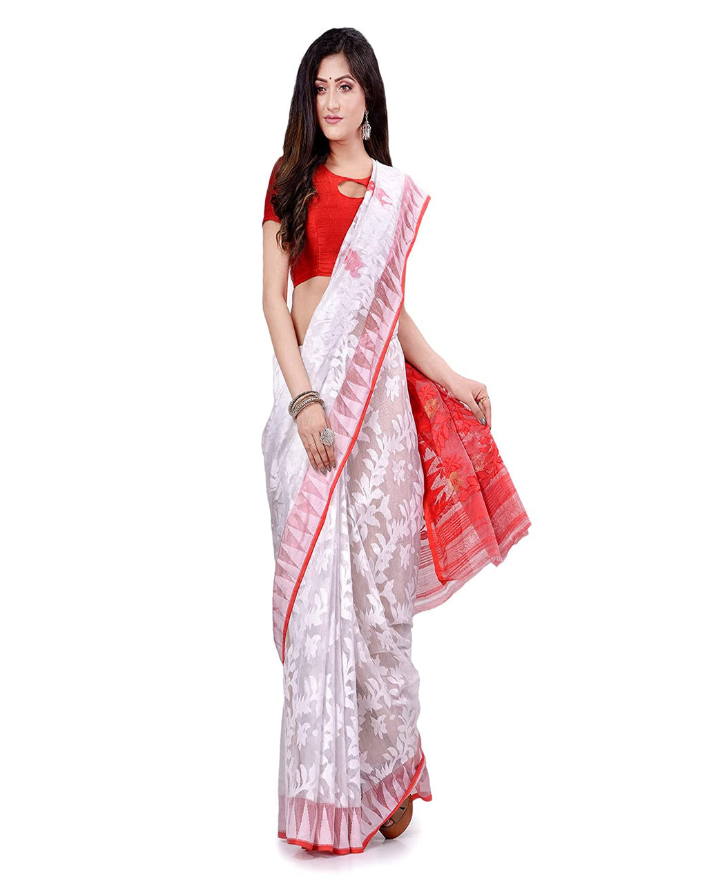 White Jamdani Handloom Cotton Blend Saree for Women