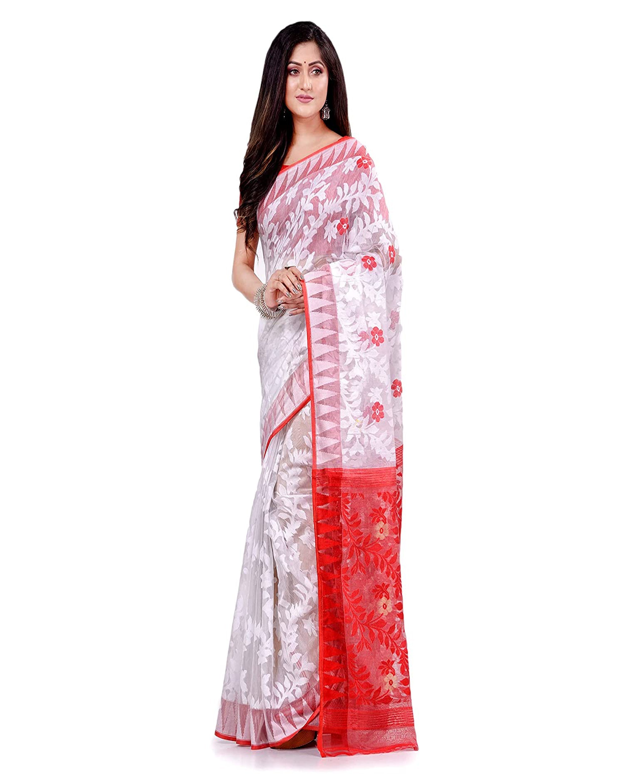White Jamdani Handloom Cotton Blend Saree for Women
