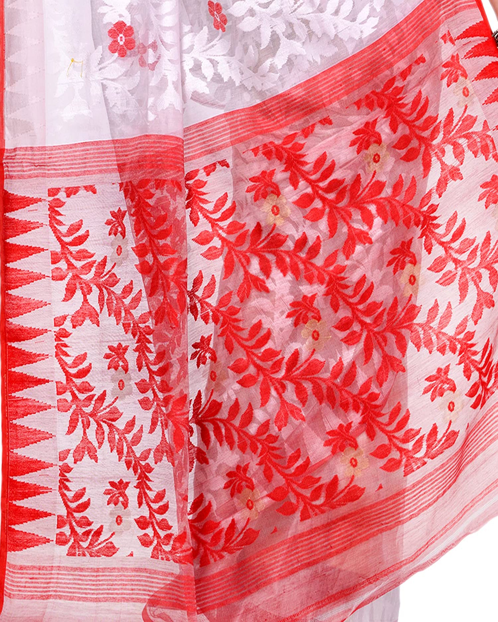 White Jamdani Handloom Cotton Blend Saree for Women